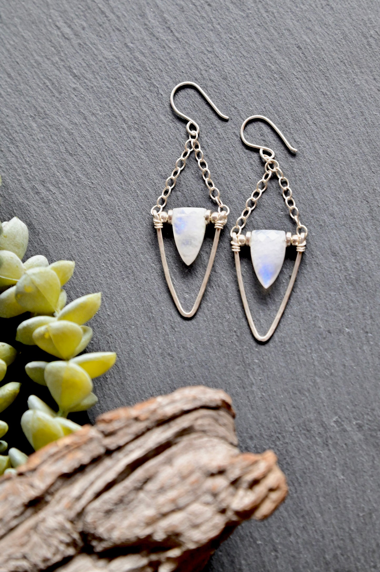 Hammered Hoops: Moonstone + Silver Earrings