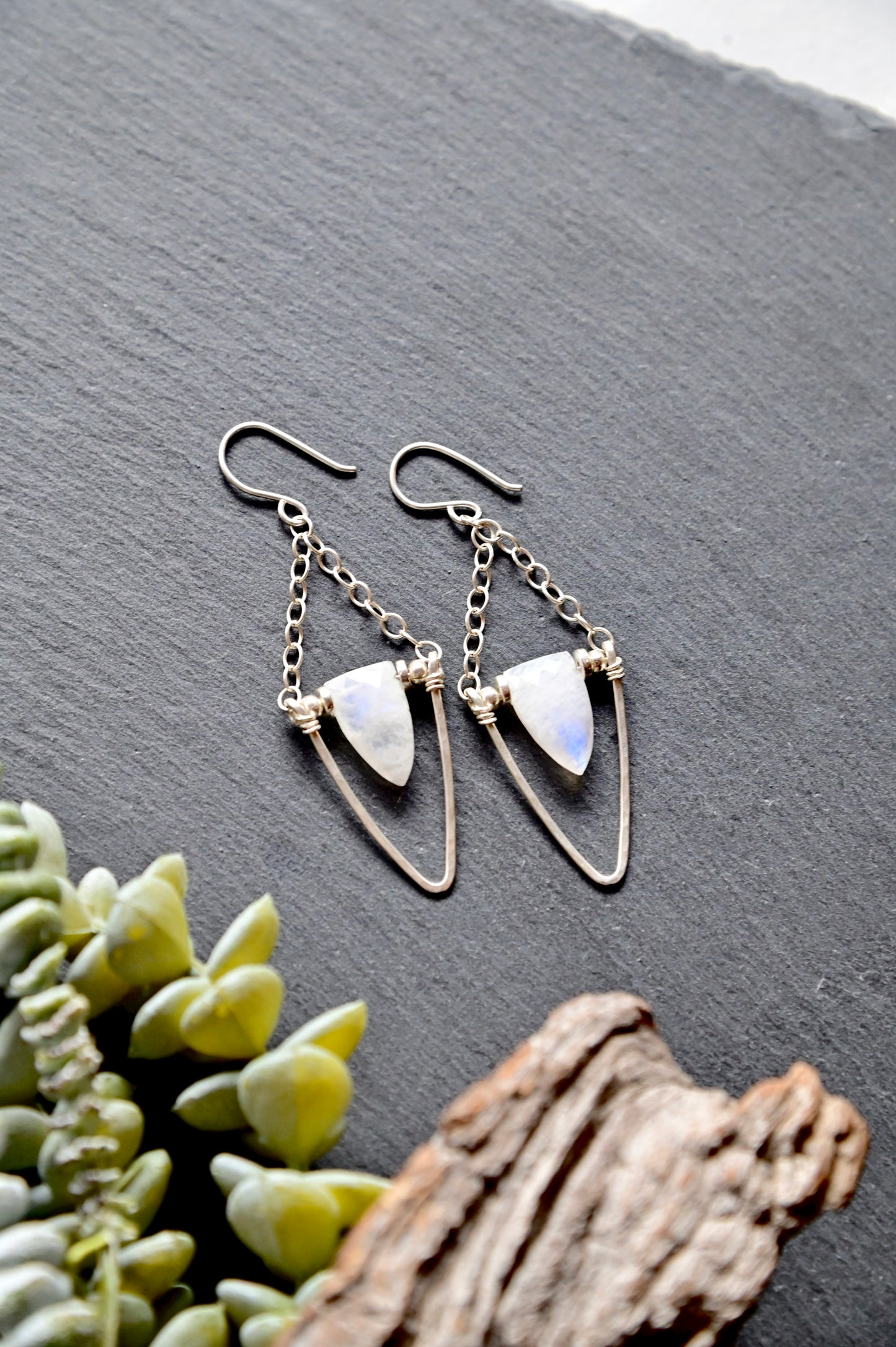 Hammered Hoops: Moonstone + Silver Earrings