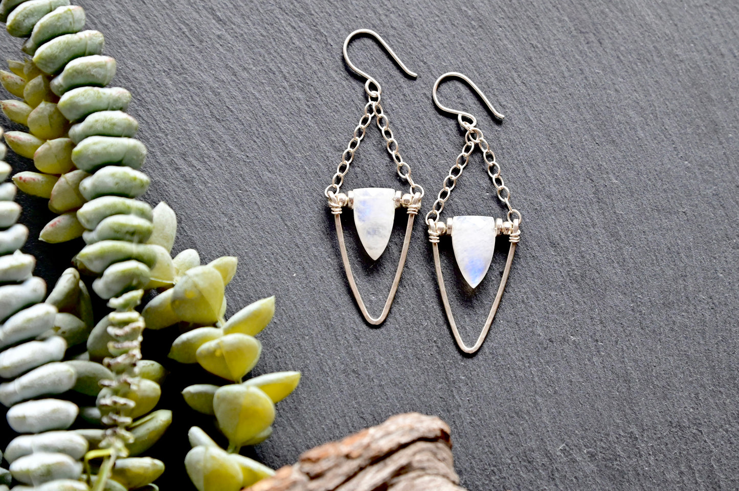Hammered Hoops: Moonstone + Silver Earrings