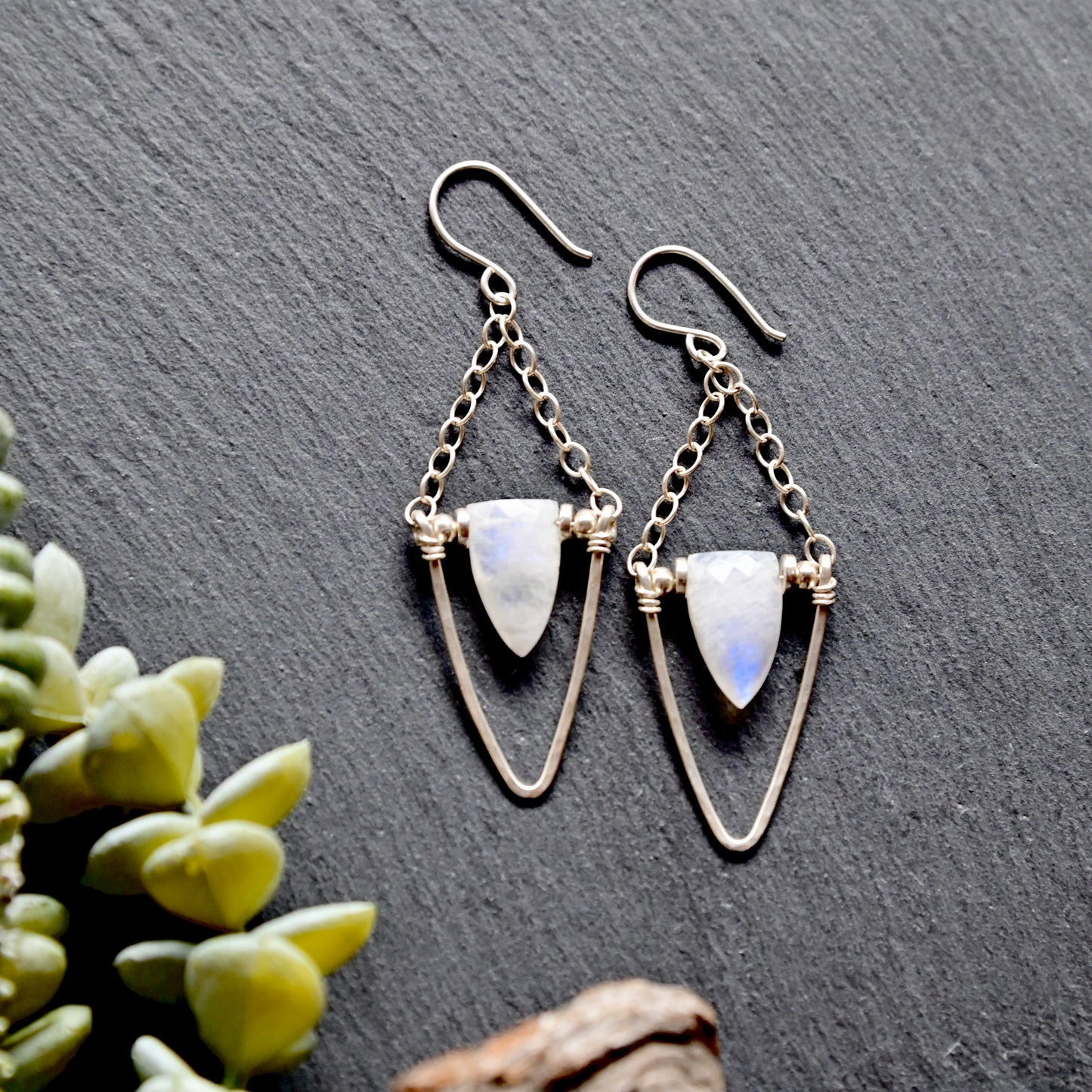 Hammered Hoops: Moonstone + Silver Earrings