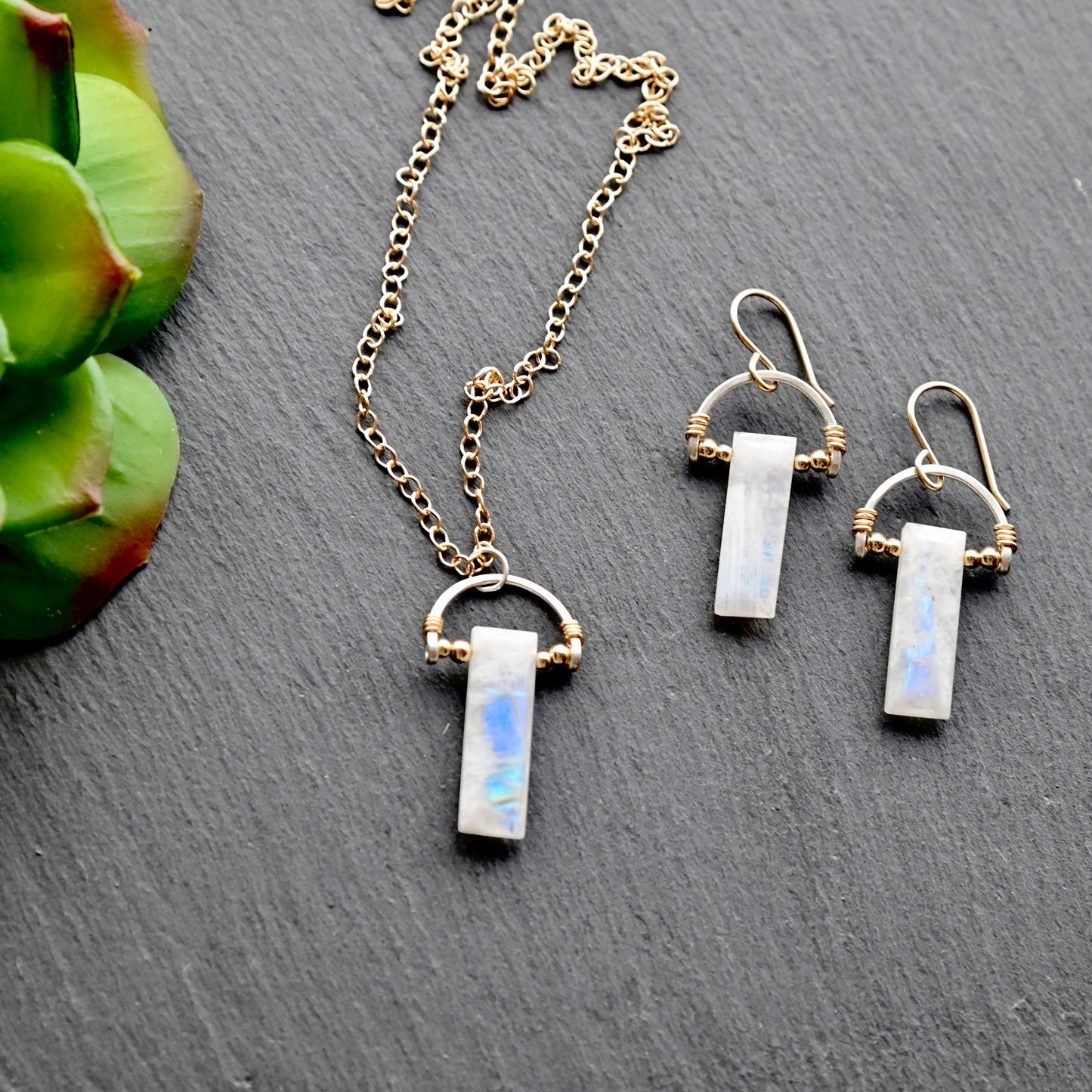 Hammered Hoops: Moonstone + Mixed Metals Necklace and Earrings