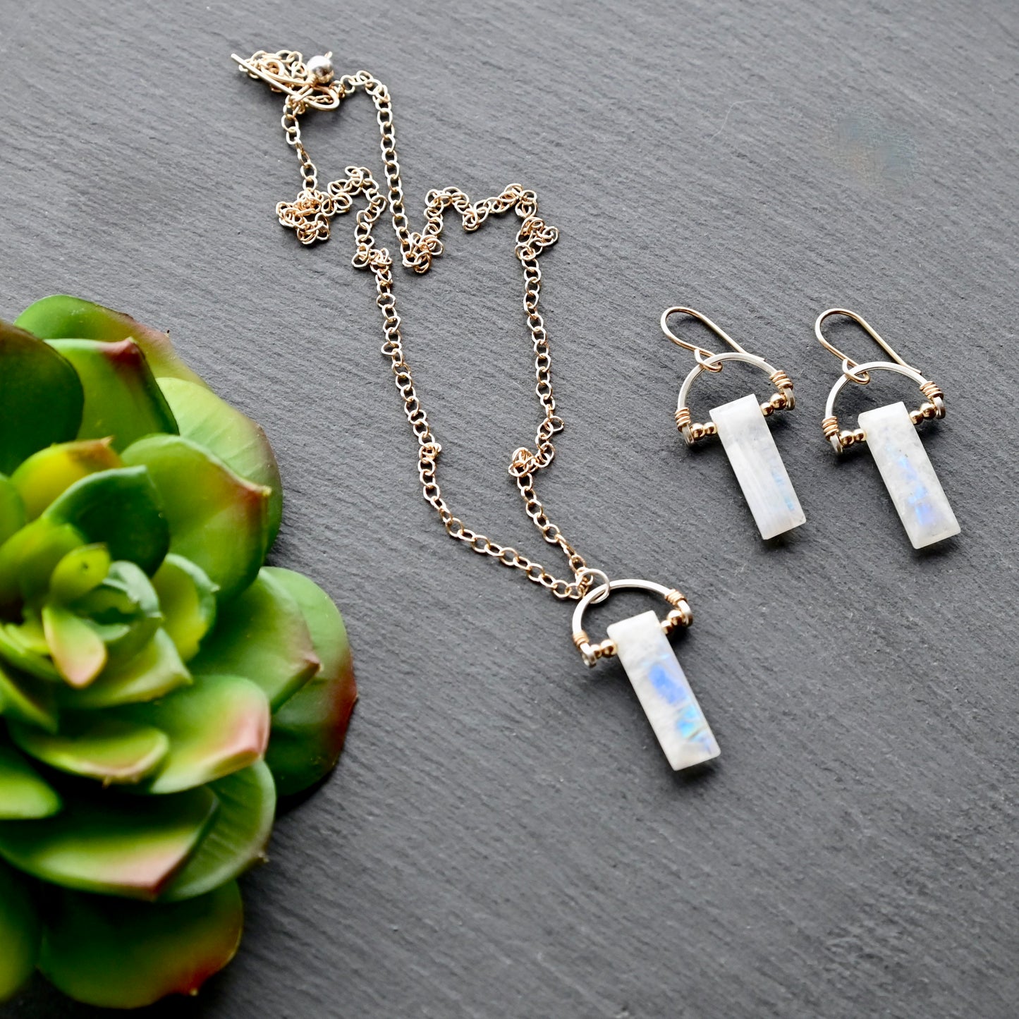 Hammered Hoops: Moonstone + Mixed Metals Necklace and Earrings