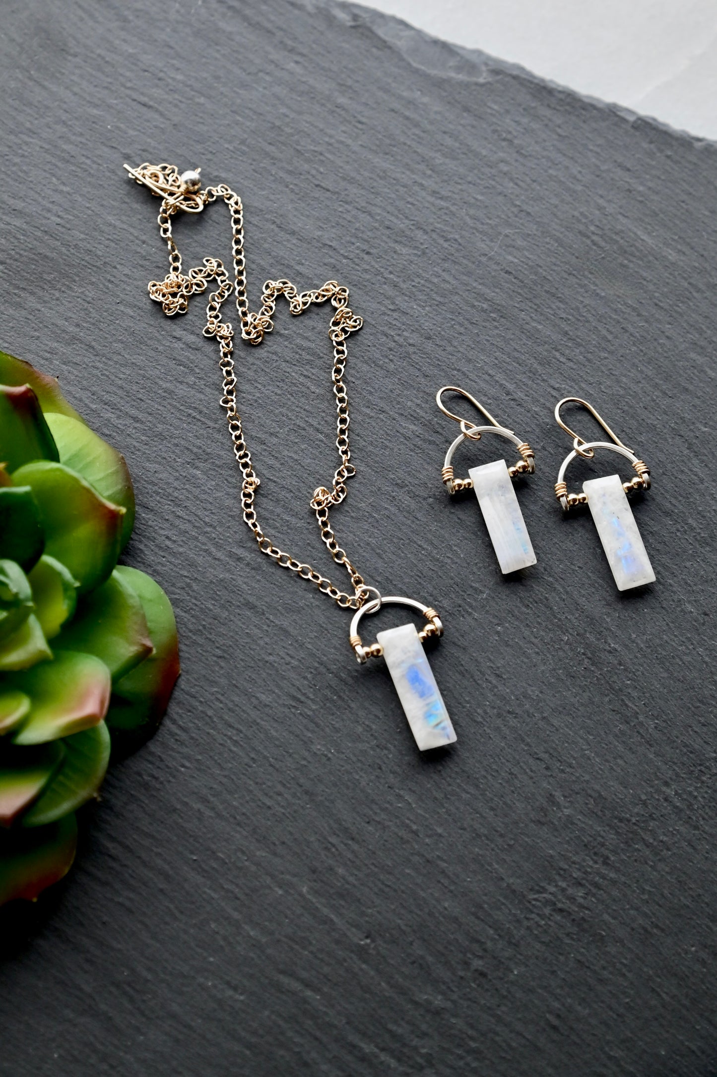 Hammered Hoops: Moonstone + Mixed Metals Necklace and Earrings