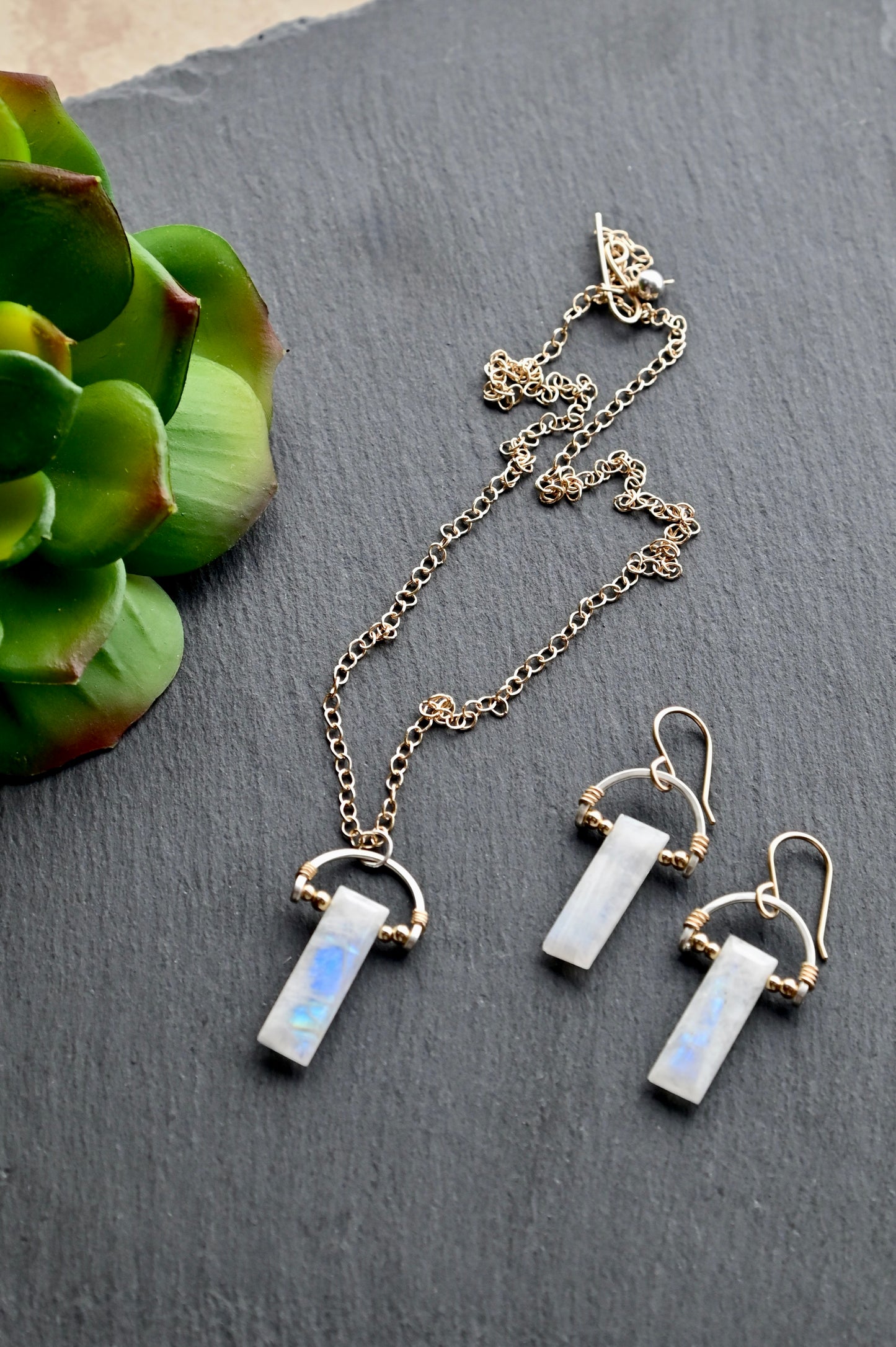 Hammered Hoops: Moonstone + Mixed Metals Necklace and Earrings