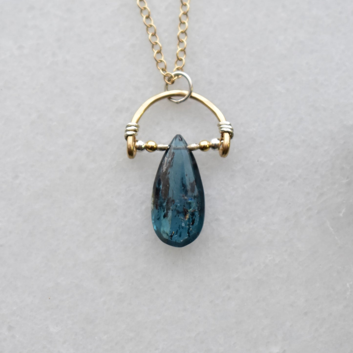Hammered Hoops: Blue Kyanite + Mixed Metals Pendant