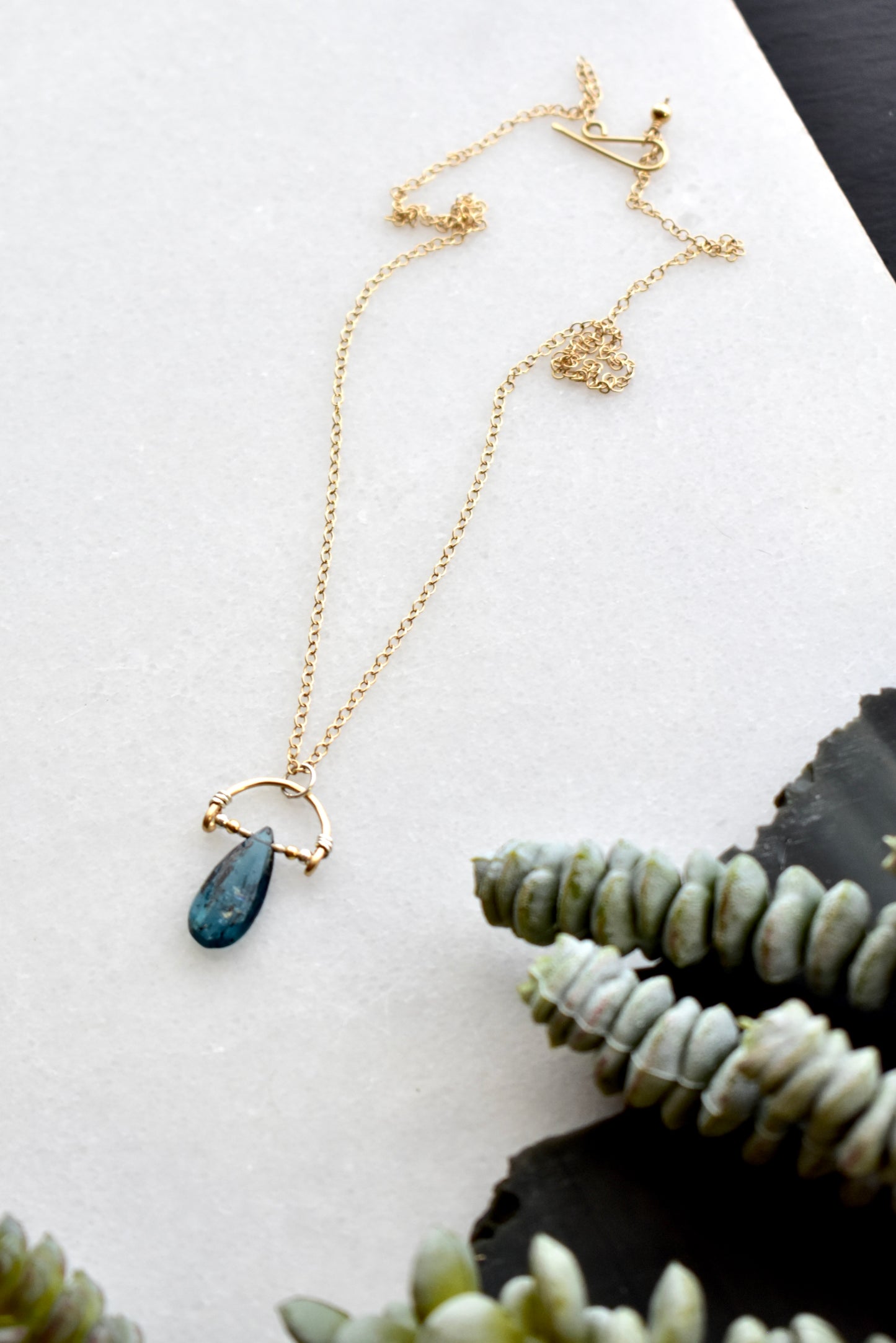 Hammered Hoops: Blue Kyanite + Mixed Metals Pendant