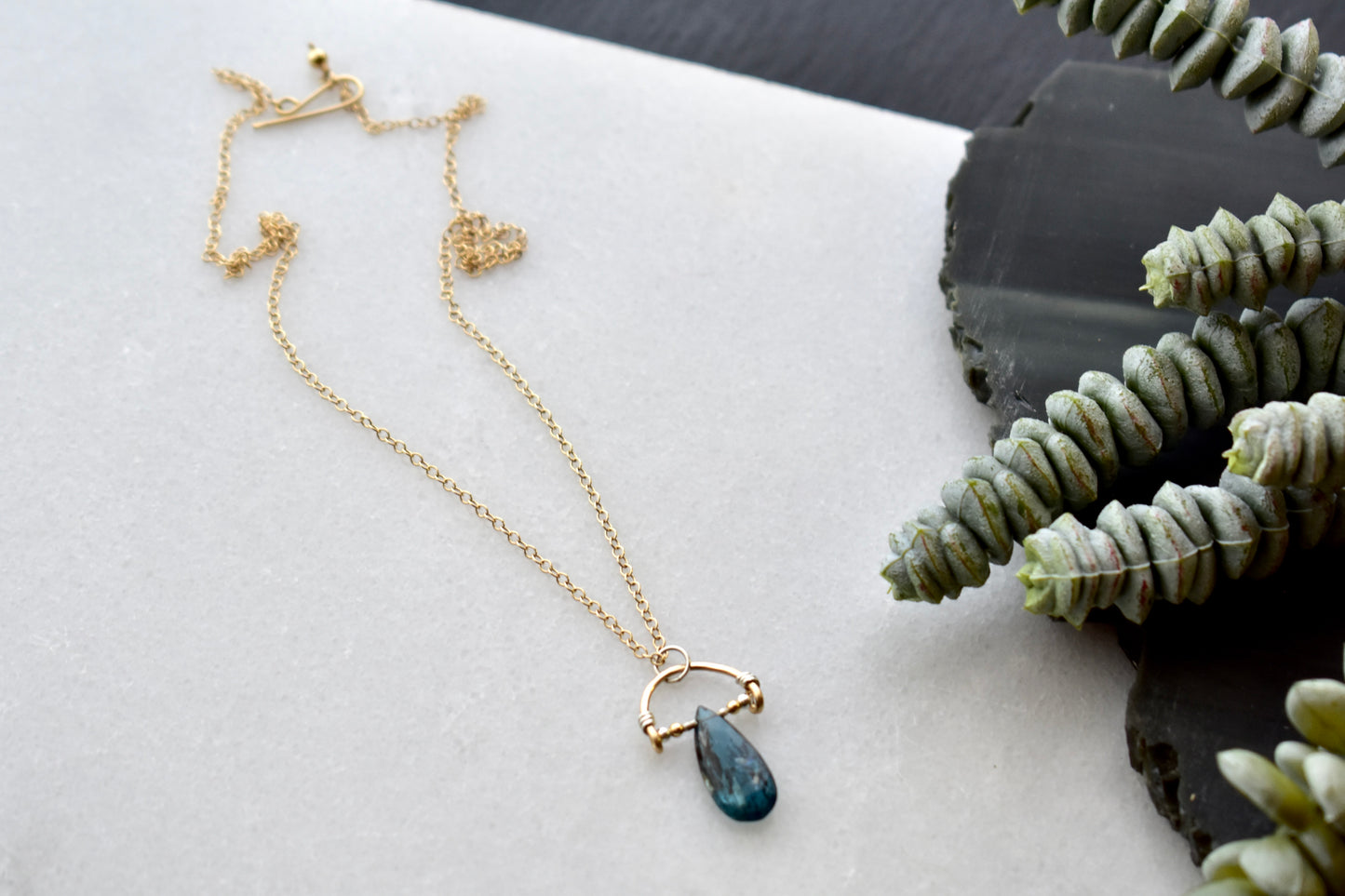 Hammered Hoops: Blue Kyanite + Mixed Metals Pendant