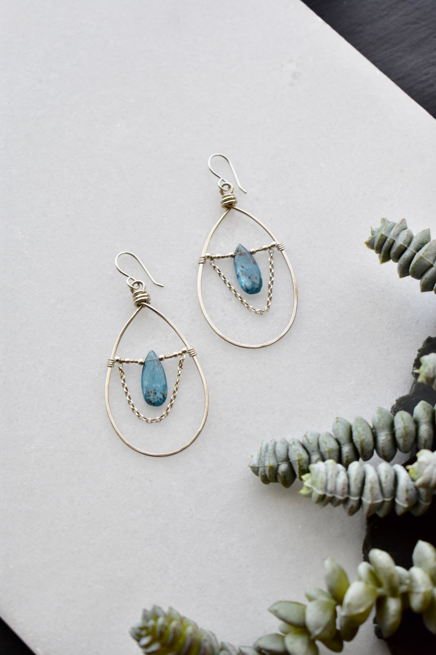 Hammered Hoops: Blue Kyanite + Silver Earrings
