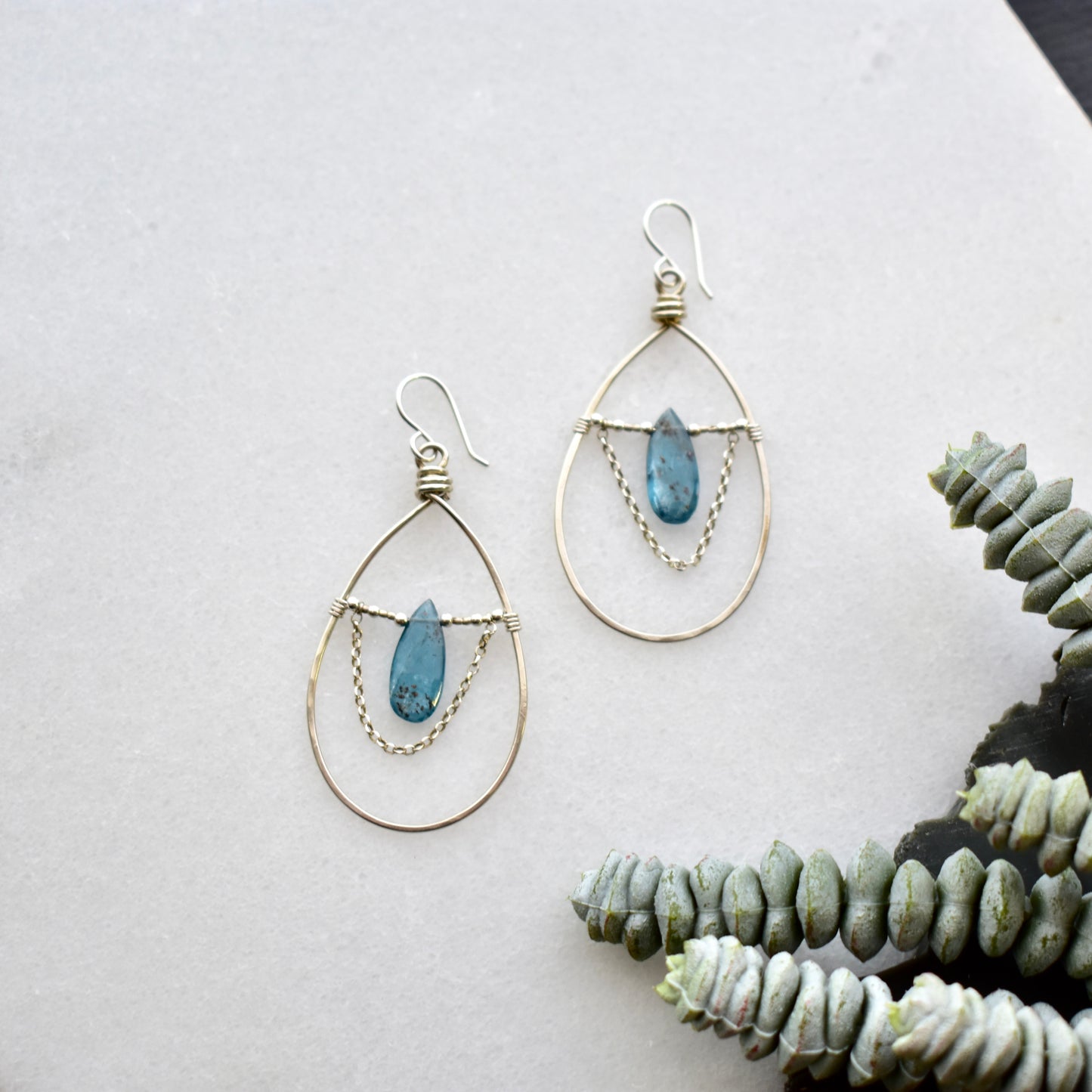 Hammered Hoops: Blue Kyanite + Silver Earrings