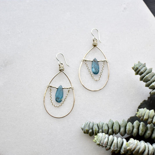 Hammered Hoops: Blue Kyanite + Silver Earrings