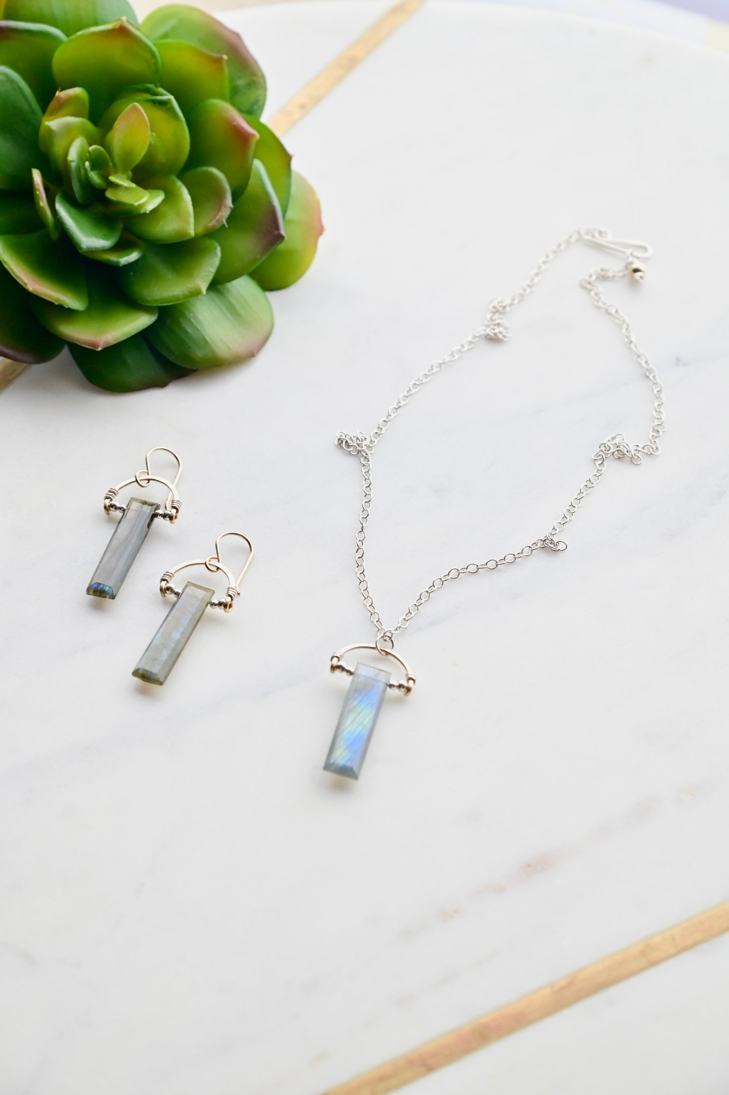 Hammered Hoops: Labradorite + Mixed Metals Necklace and Earrings