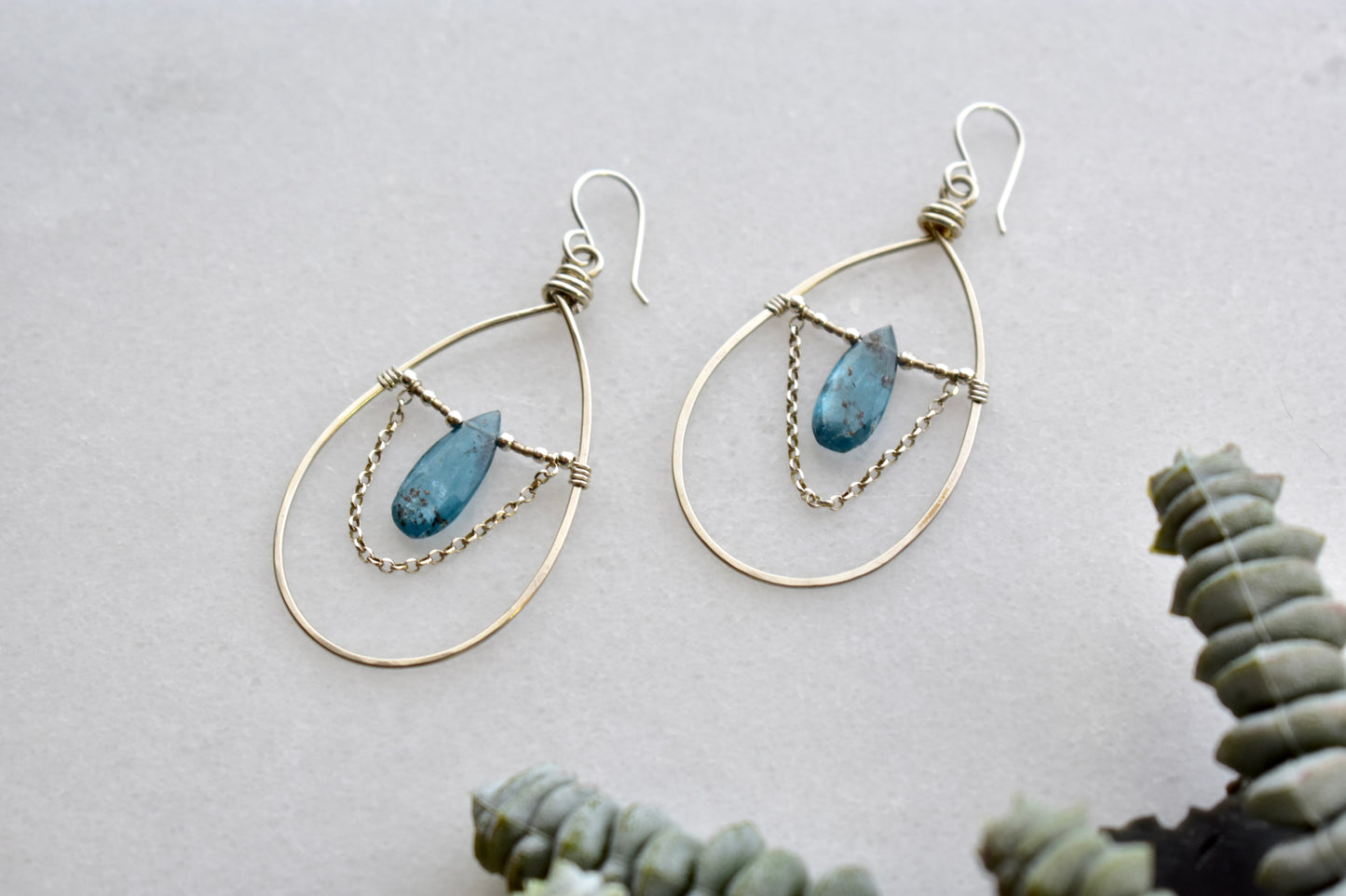 Hammered Hoops: Blue Kyanite + Silver Earrings