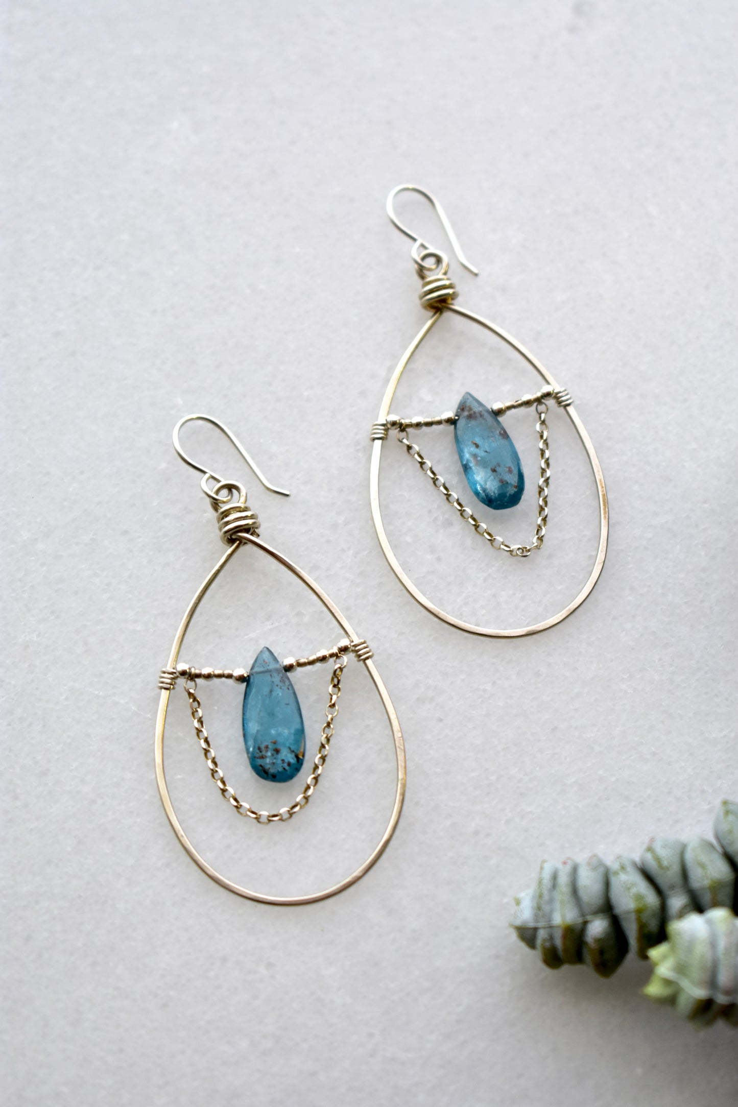 Hammered Hoops: Blue Kyanite + Silver Earrings