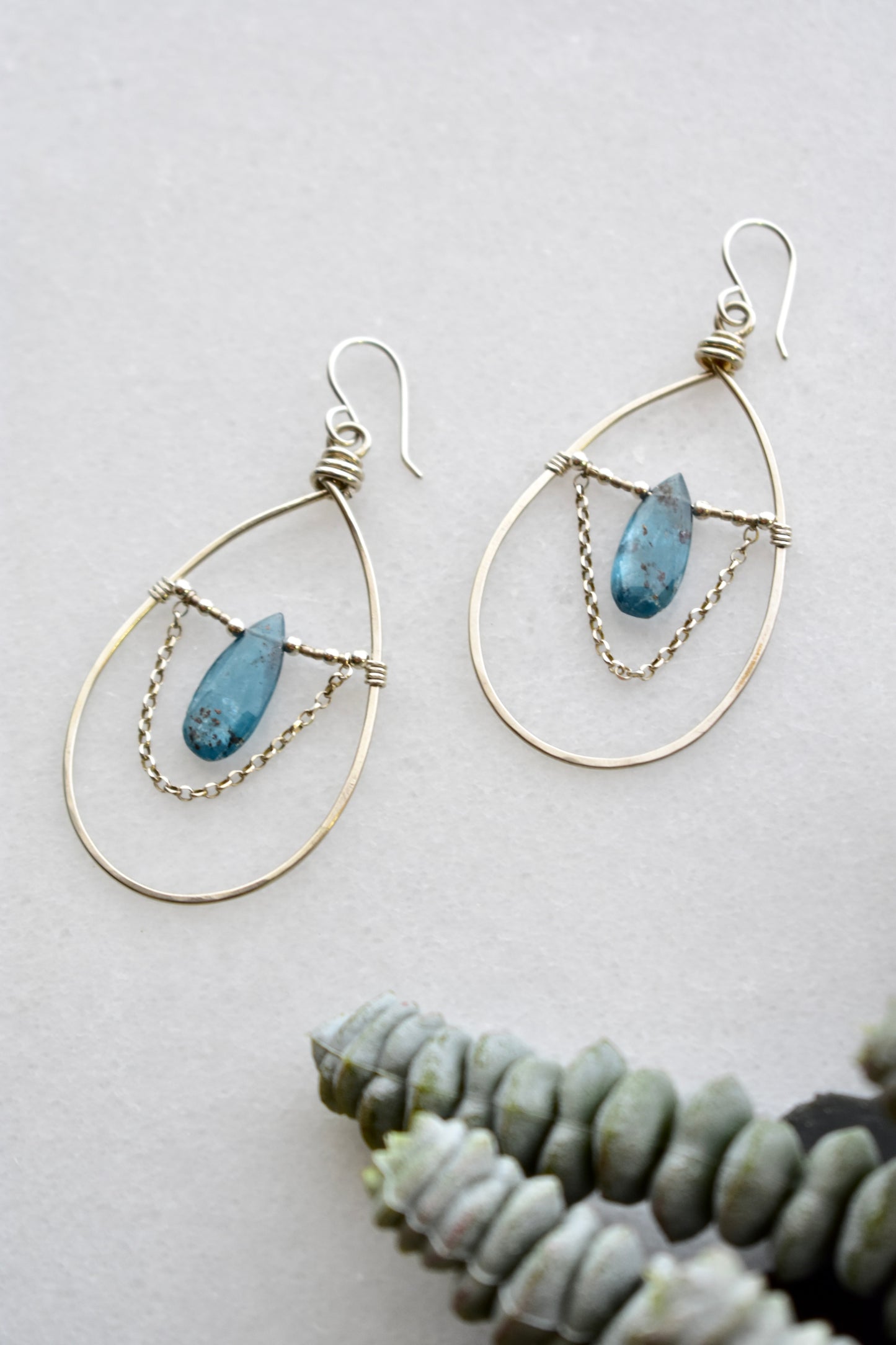 Hammered Hoops: Blue Kyanite + Silver Earrings
