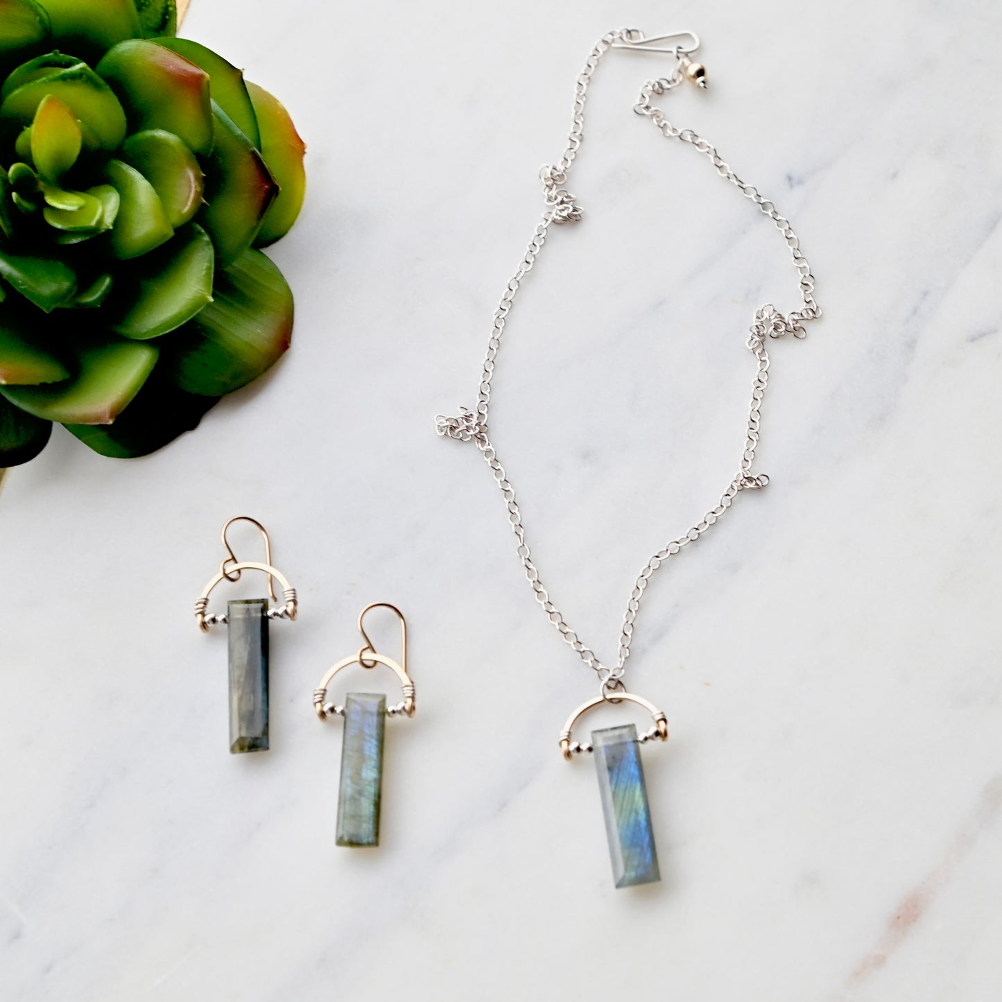 Hammered Hoops: Labradorite + Mixed Metals Necklace and Earrings
