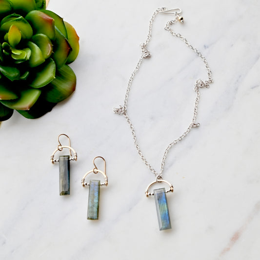 Hammered Hoops: Labradorite + Mixed Metals Necklace and Earrings