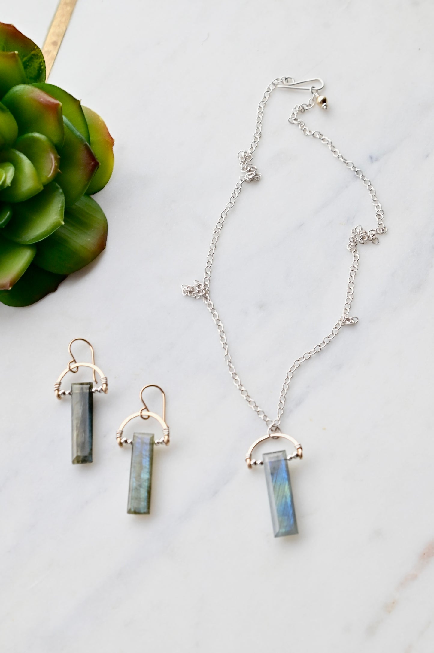 Hammered Hoops: Labradorite + Mixed Metals Necklace and Earrings