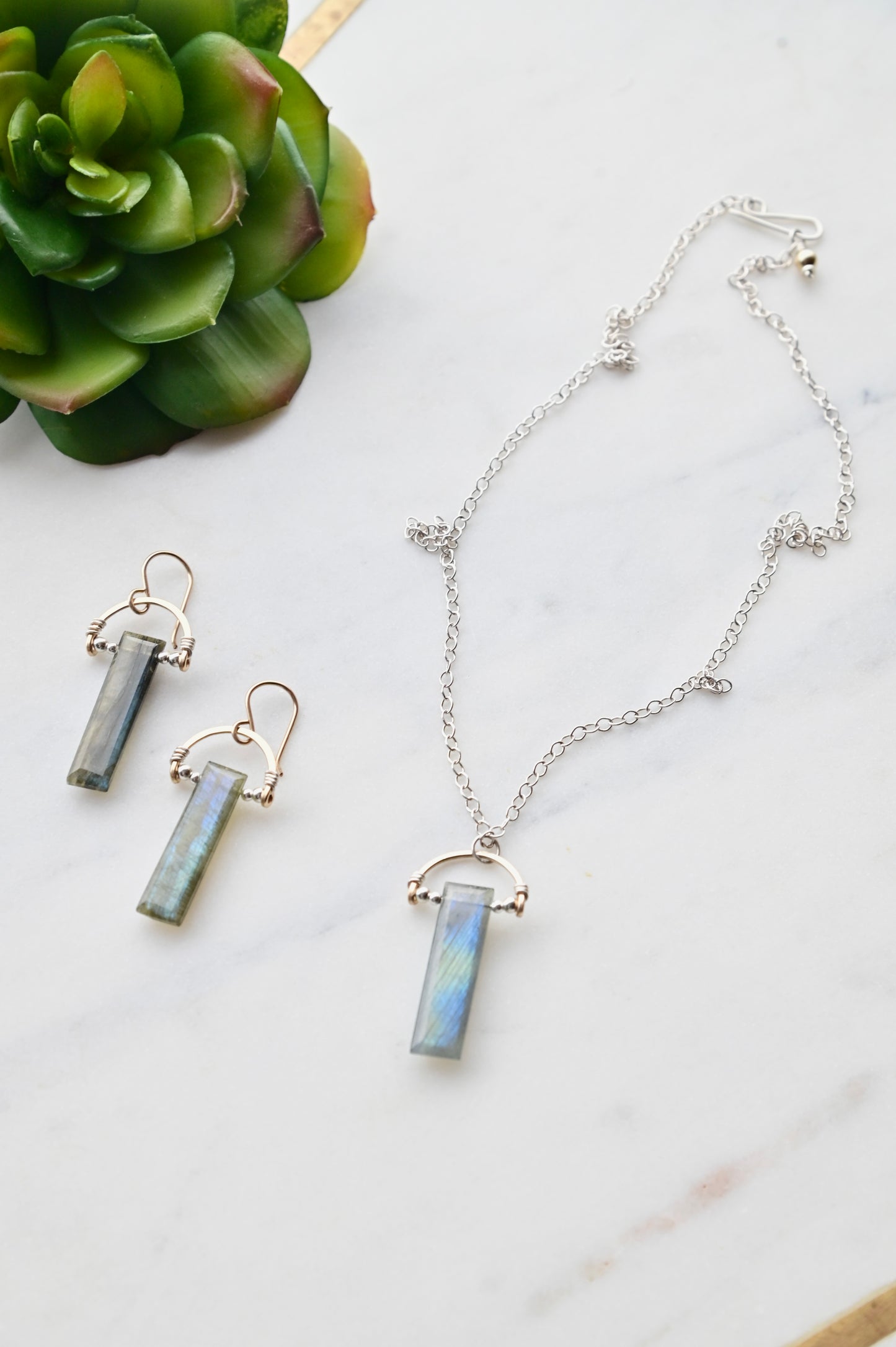 Hammered Hoops: Labradorite + Mixed Metals Necklace and Earrings