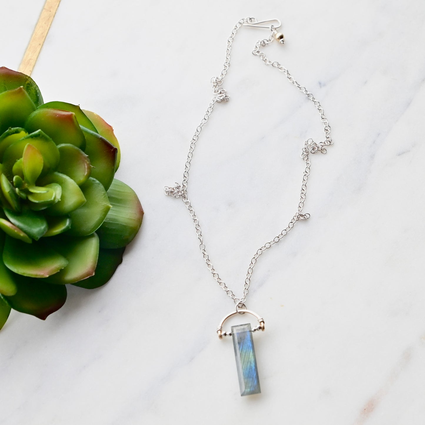 Hammered Hoops: Labradorite + Mixed Metals Necklace and Earrings