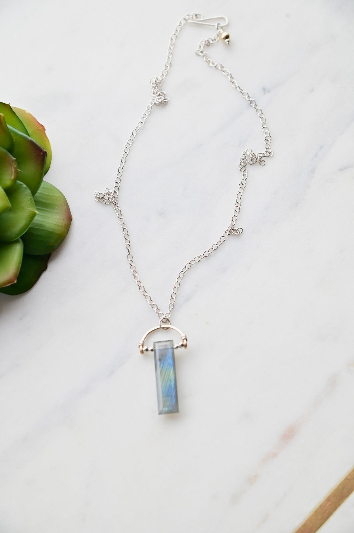 Hammered Hoops: Labradorite + Mixed Metals Necklace and Earrings