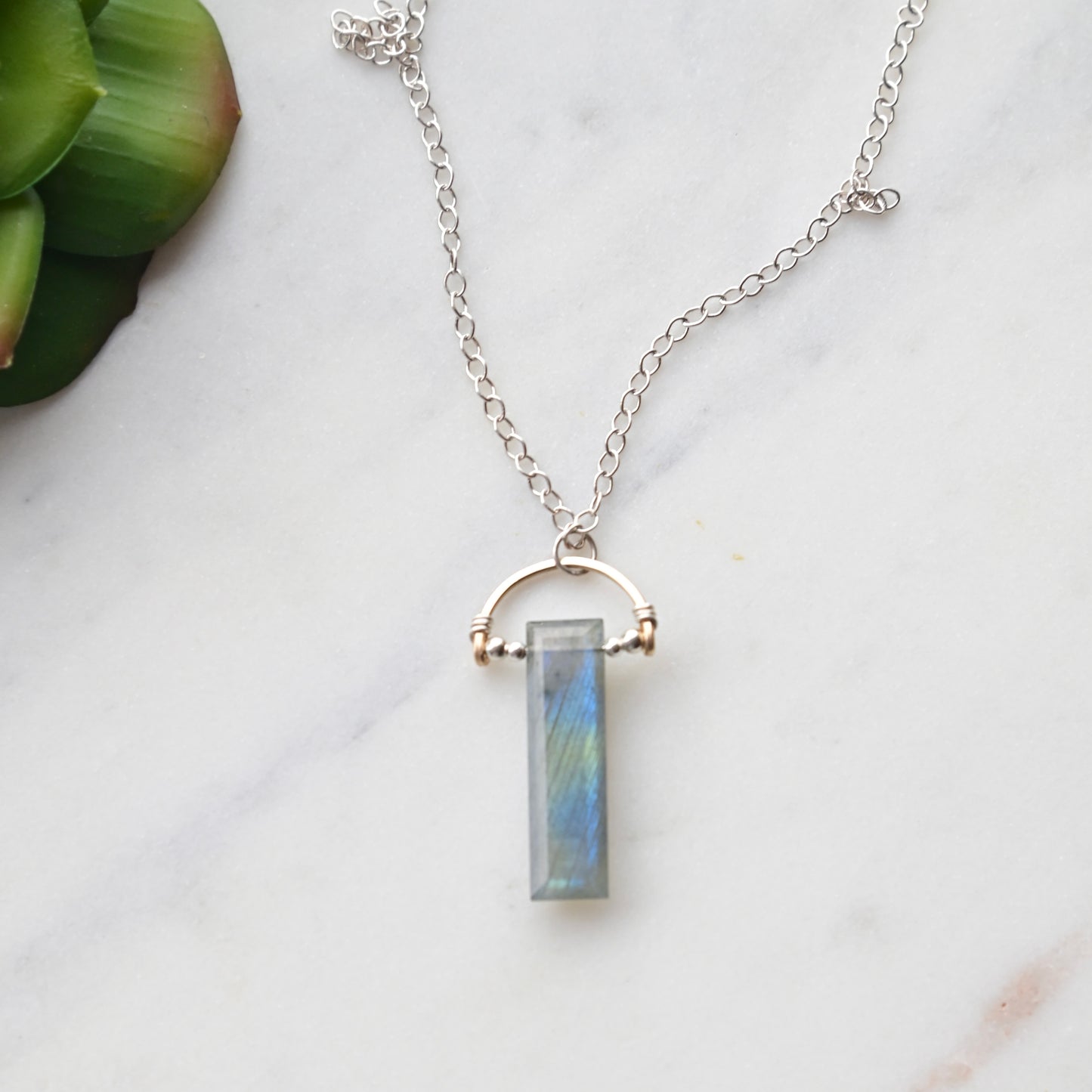 Hammered Hoops: Labradorite + Mixed Metals Necklace and Earrings