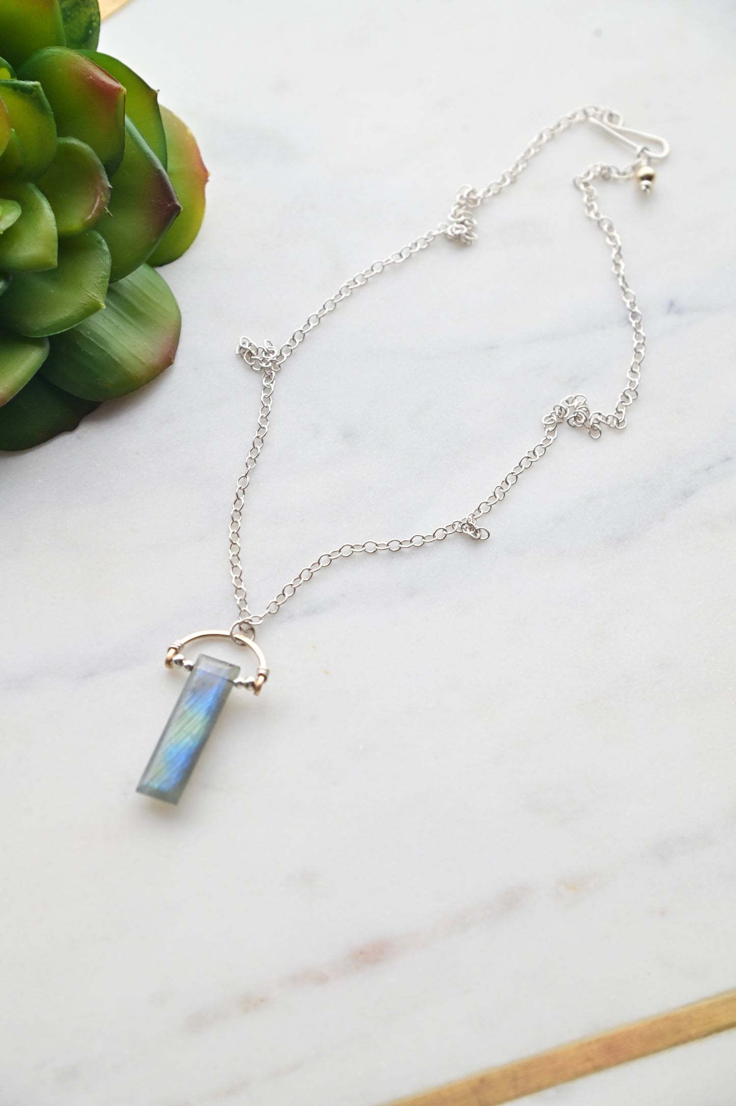 Hammered Hoops: Labradorite + Mixed Metals Necklace and Earrings