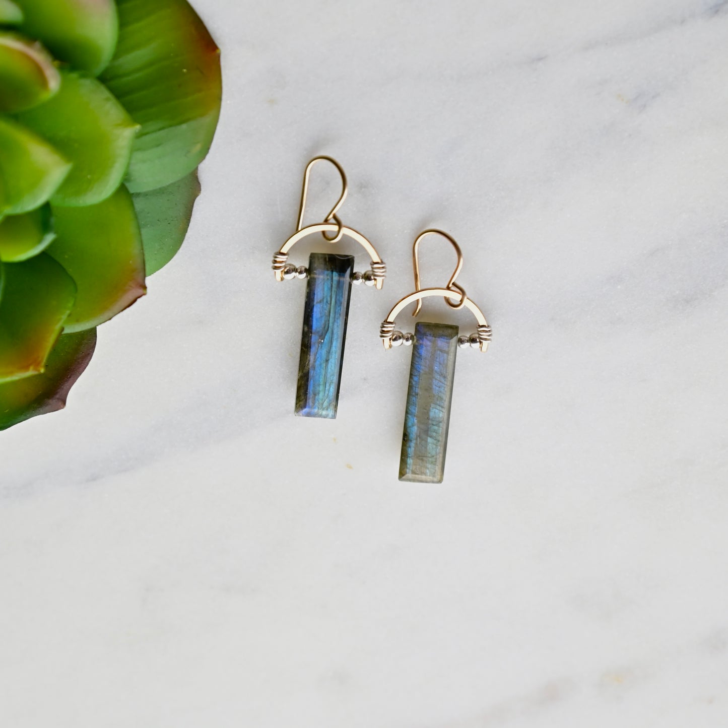 Hammered Hoops: Labradorite + Mixed Metals Necklace and Earrings