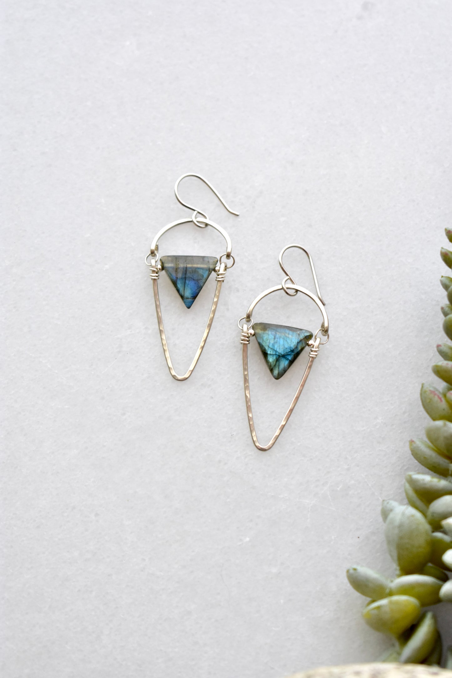 Hammered Hoops: Labradorite + Silver Earrings