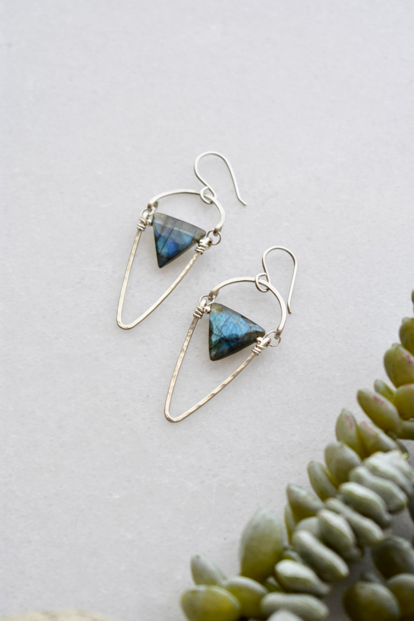 Hammered Hoops: Labradorite + Silver Earrings