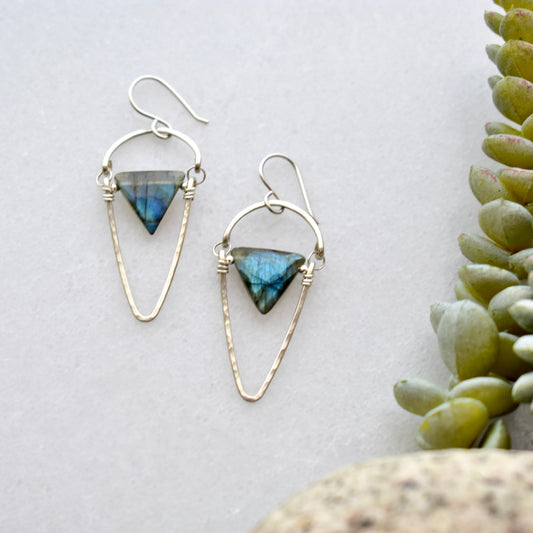 Hammered Hoops: Labradorite + Silver Earrings
