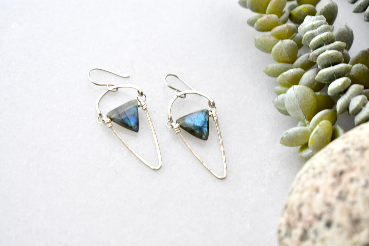 Hammered Hoops: Labradorite + Silver Earrings