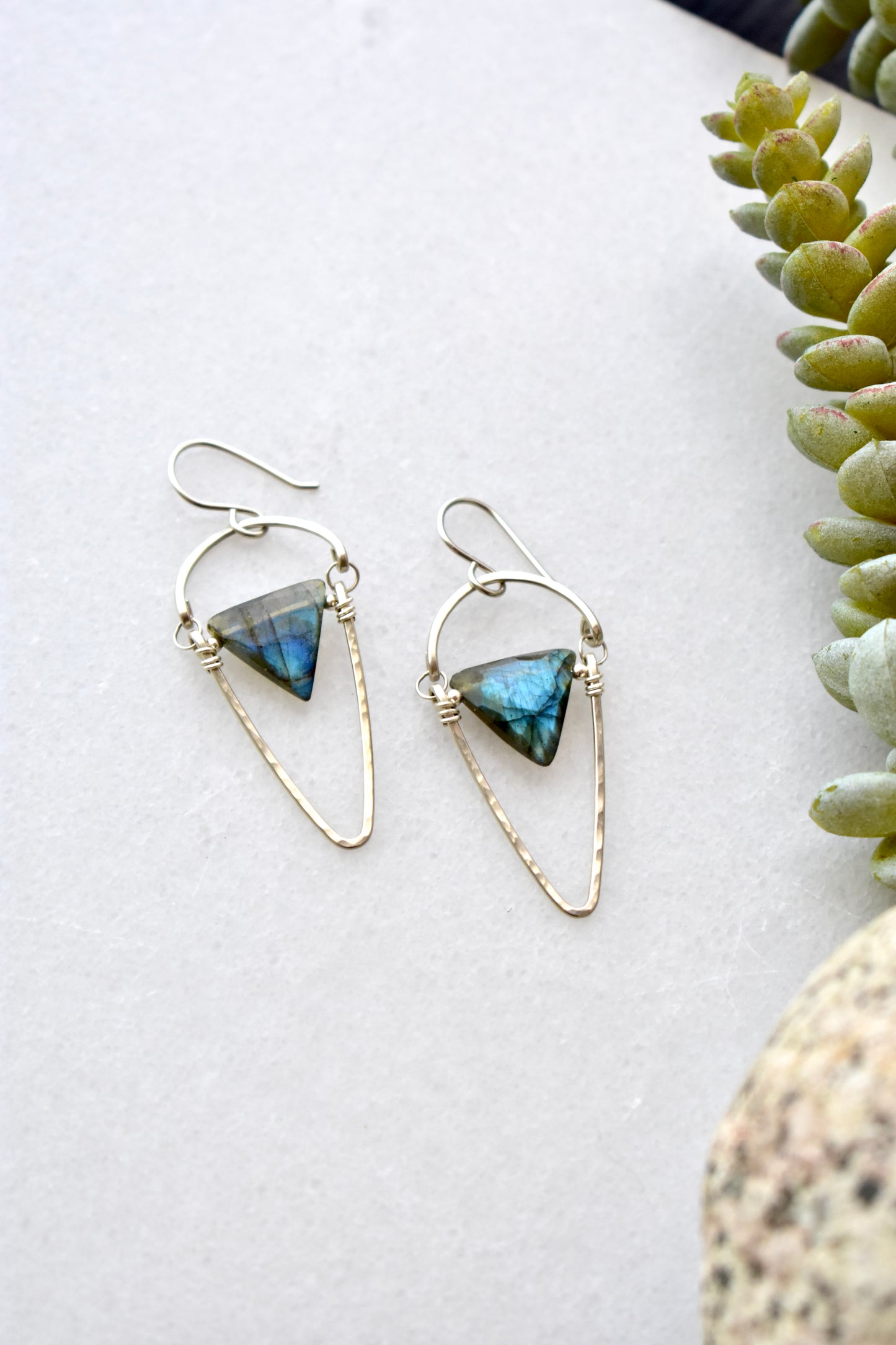 Hammered Hoops: Labradorite + Silver Earrings