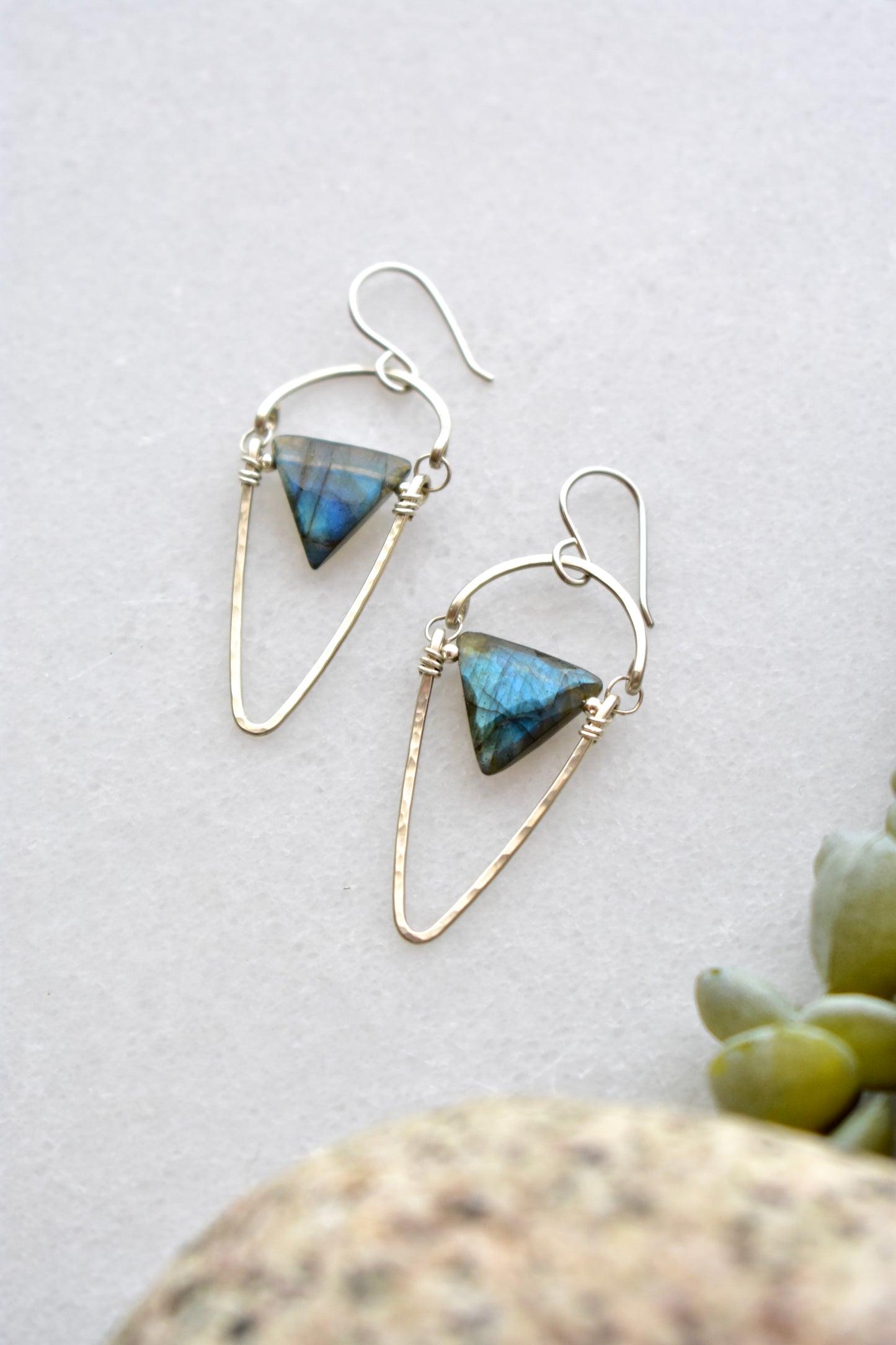 Hammered Hoops: Labradorite + Silver Earrings