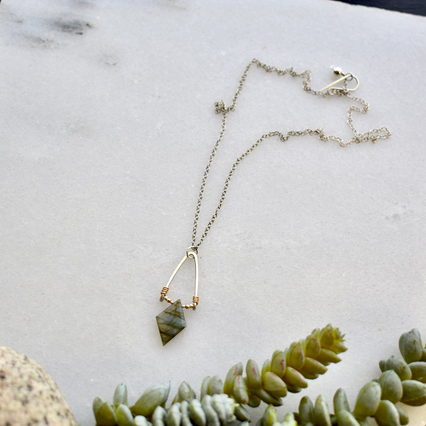 Hammered Hoops: Labradorite + Mixed Metals Pendant