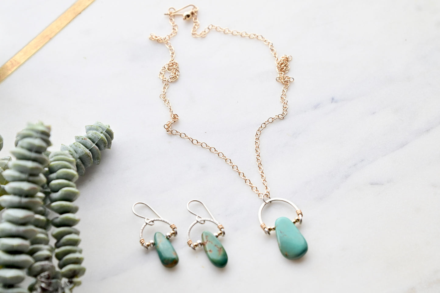 Hammered Hoops: Turquoise + Mixed Metals Necklace and Earrings