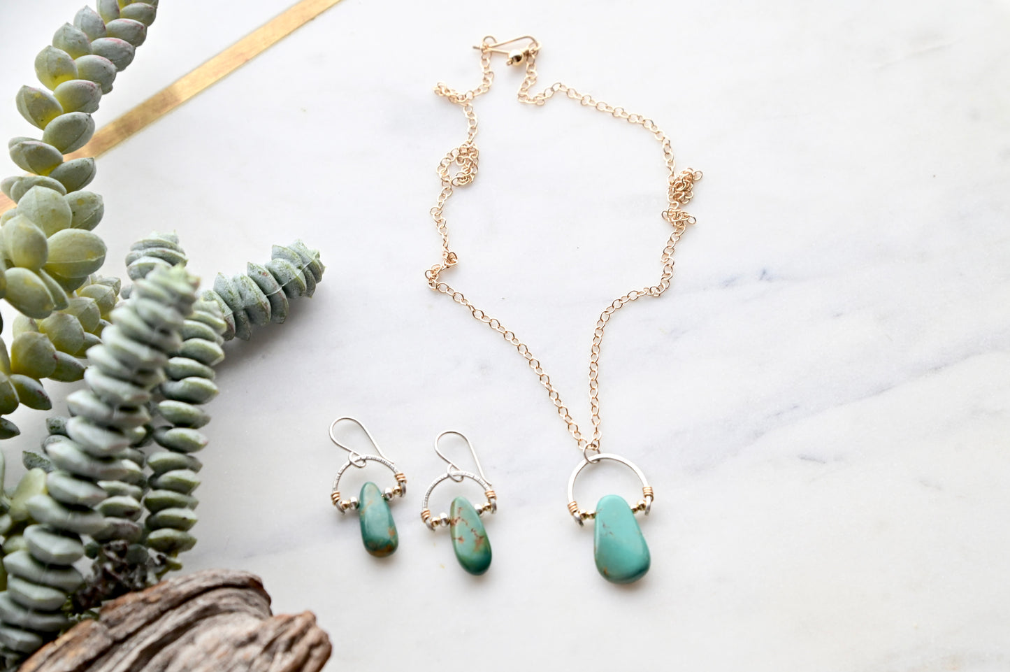 Hammered Hoops: Turquoise + Mixed Metals Necklace and Earrings