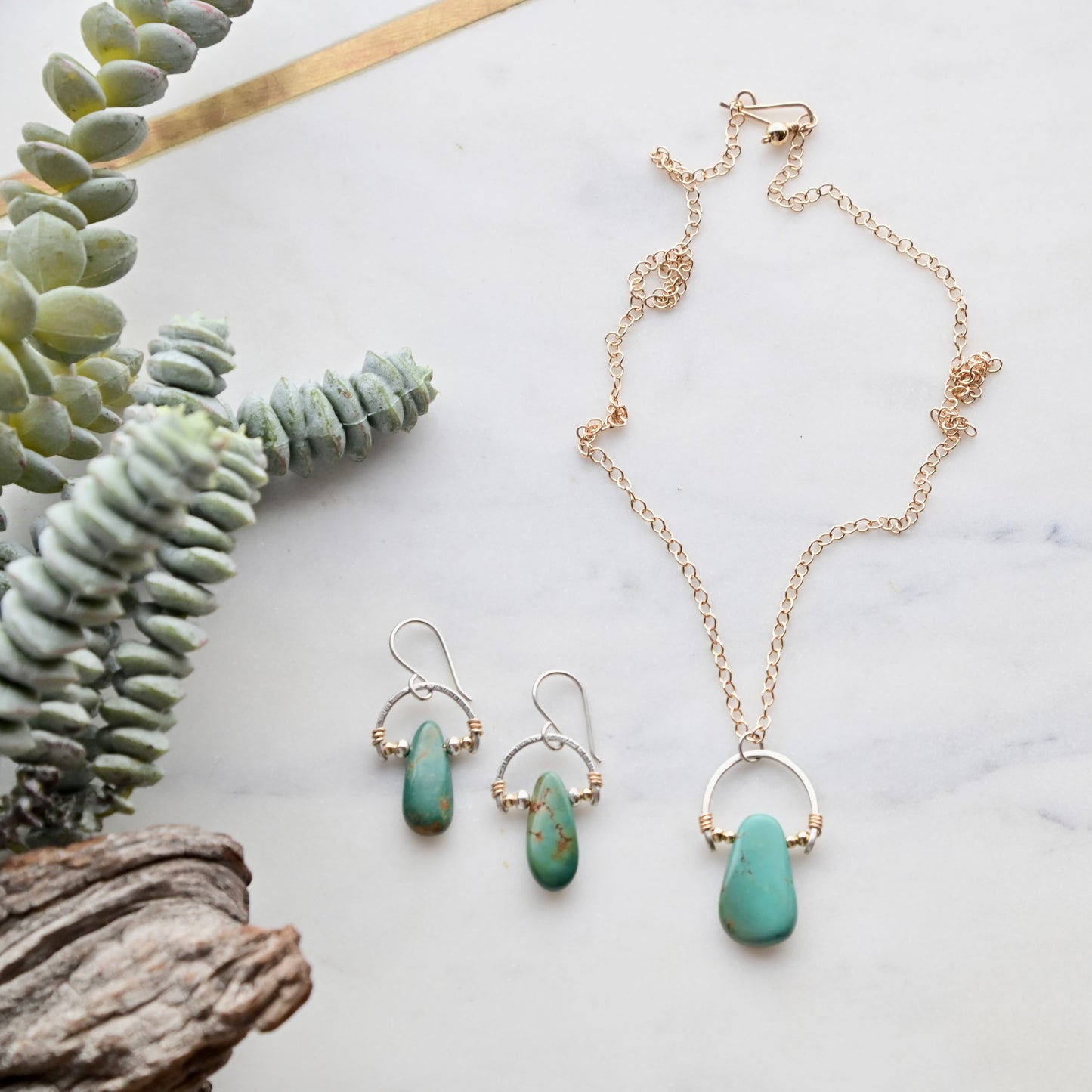 Hammered Hoops: Turquoise + Mixed Metals Necklace and Earrings