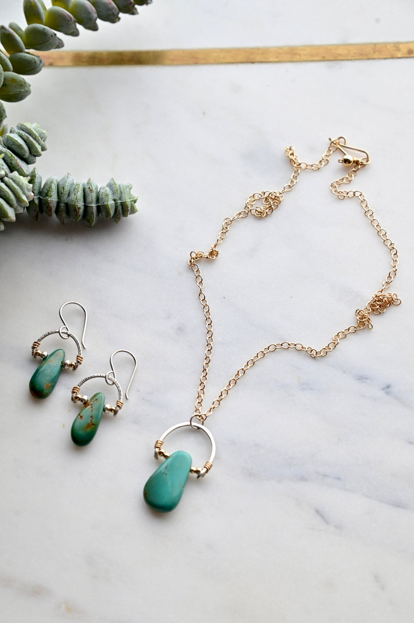 Hammered Hoops: Turquoise + Mixed Metals Necklace and Earrings