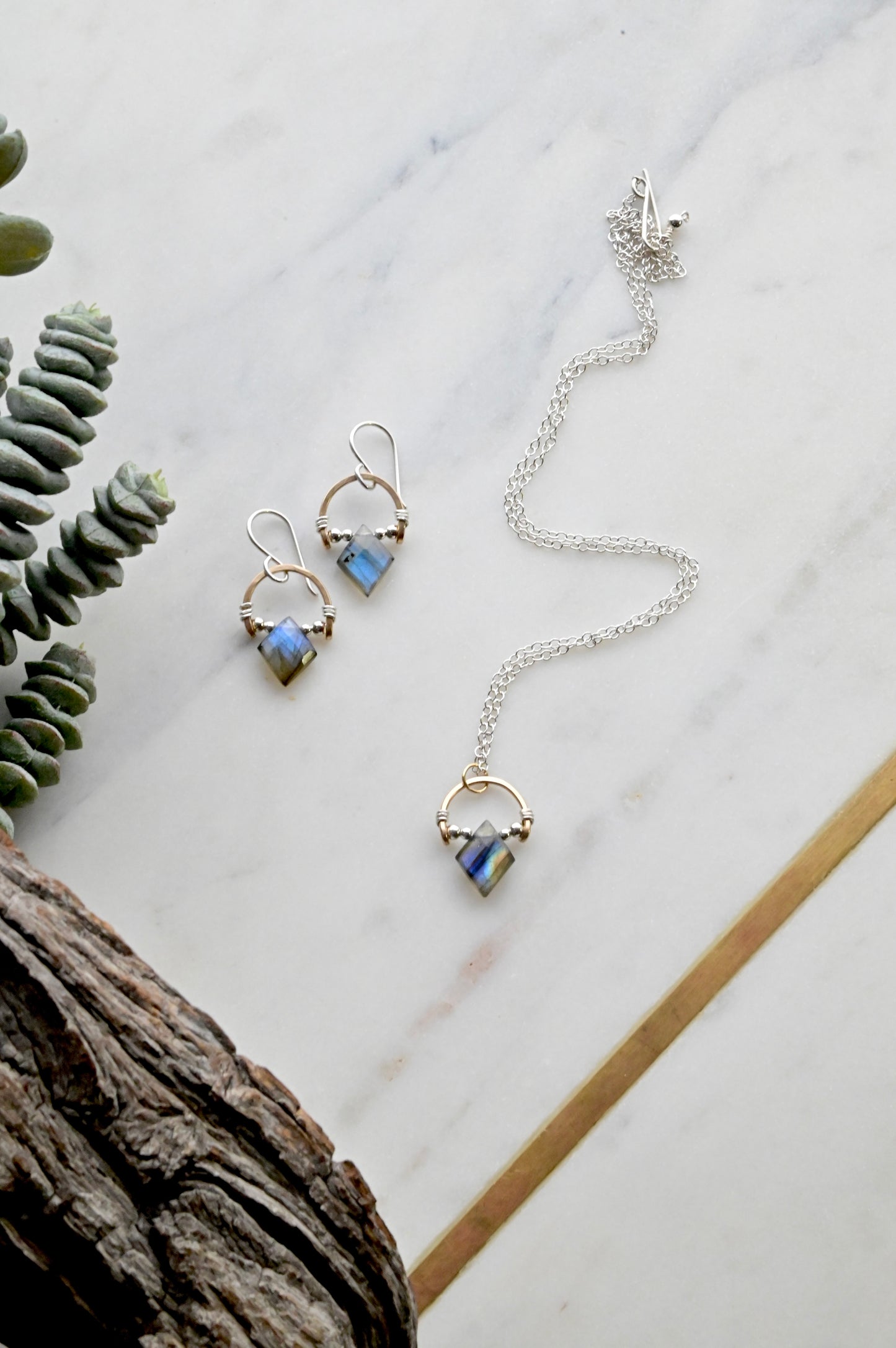 Hammered Hoops: Labradorite + Mixed Metals Necklace and Earrings