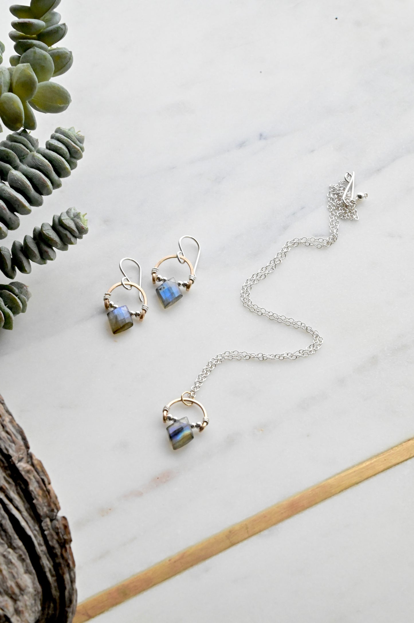 Hammered Hoops: Labradorite + Mixed Metals Necklace and Earrings