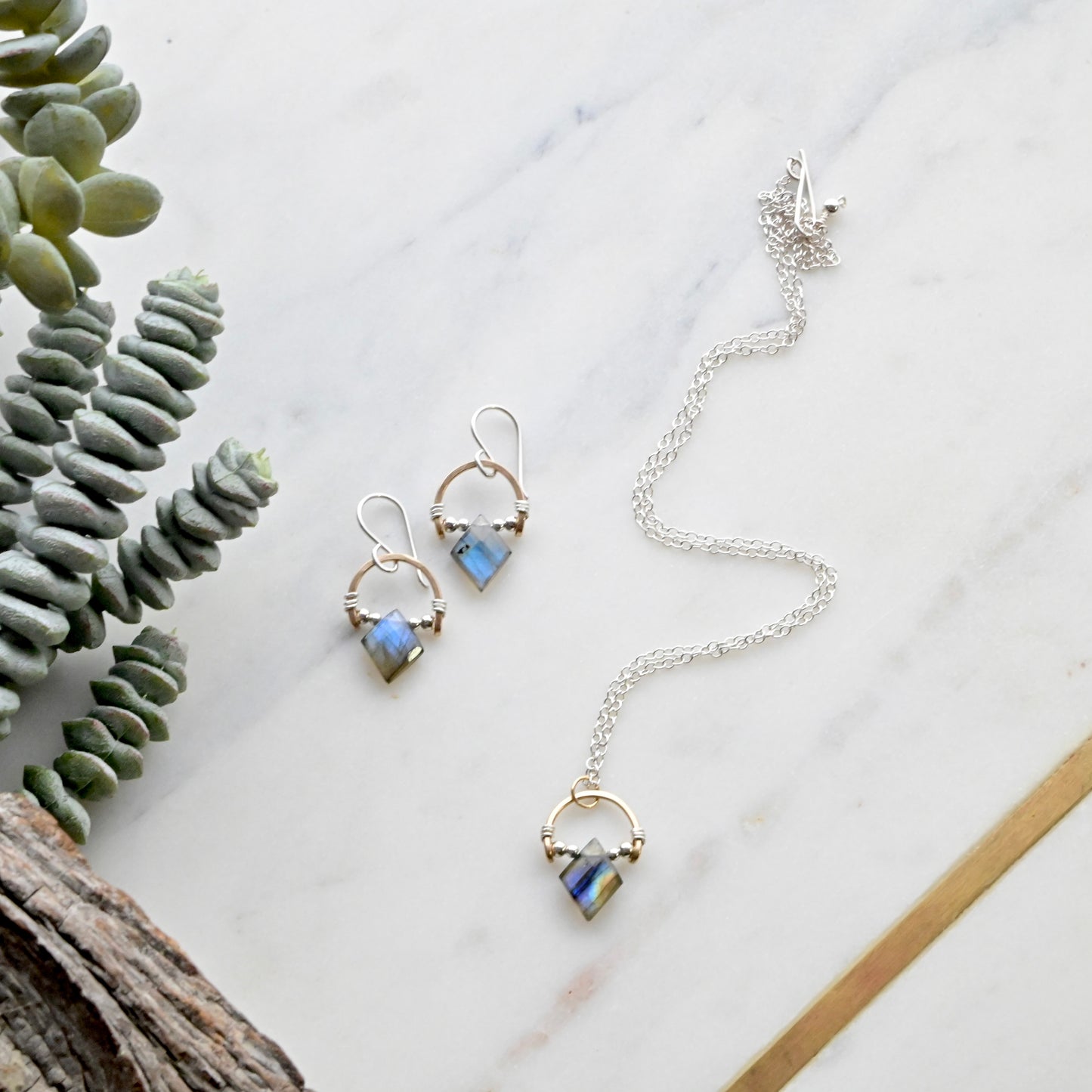 Hammered Hoops: Labradorite + Mixed Metals Necklace and Earrings