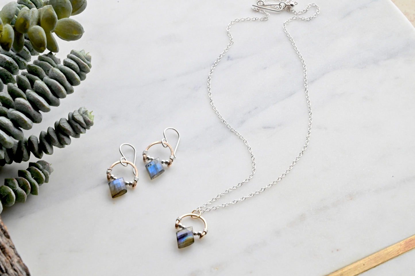 Hammered Hoops: Labradorite + Mixed Metals Necklace and Earrings