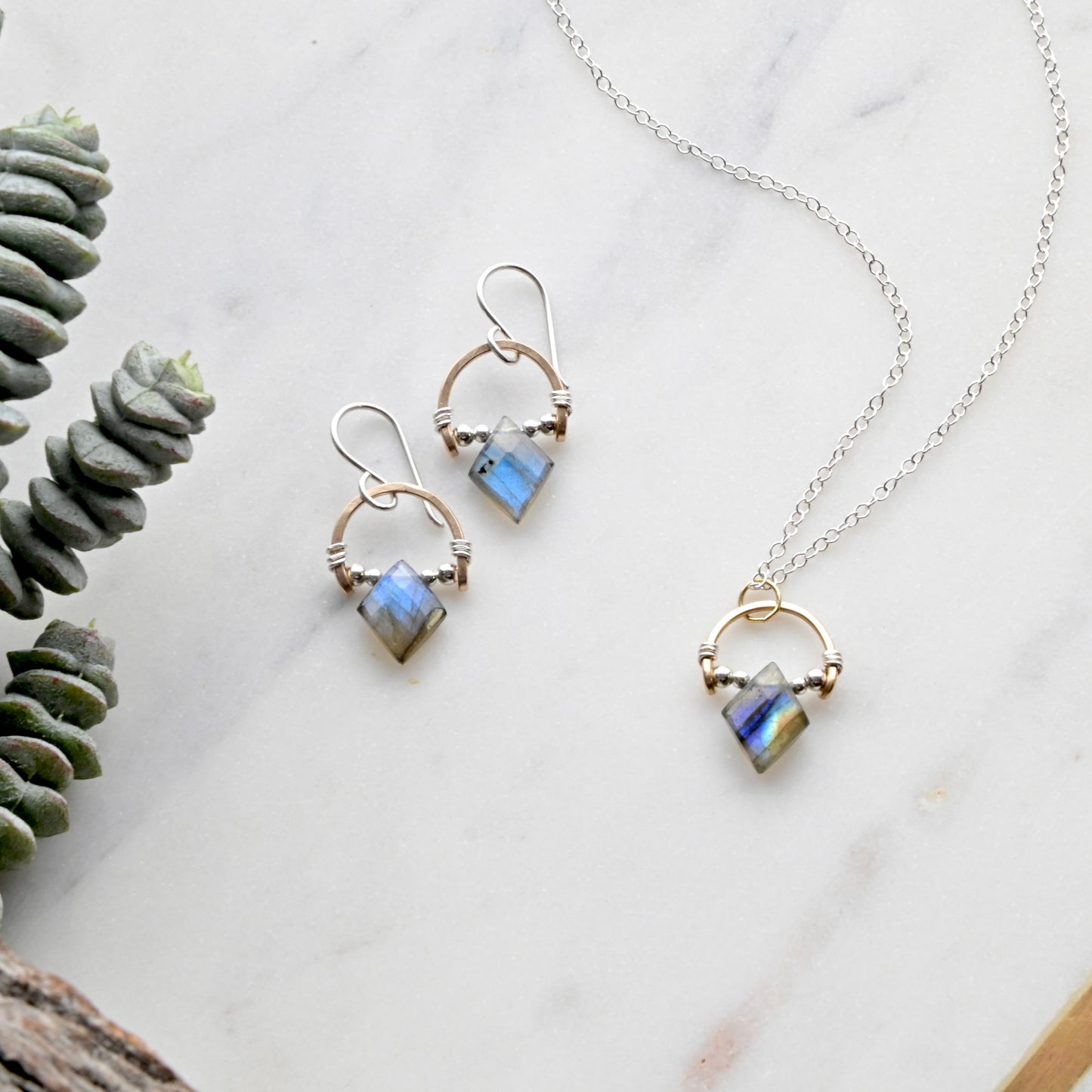 Hammered Hoops: Labradorite + Mixed Metals Necklace and Earrings