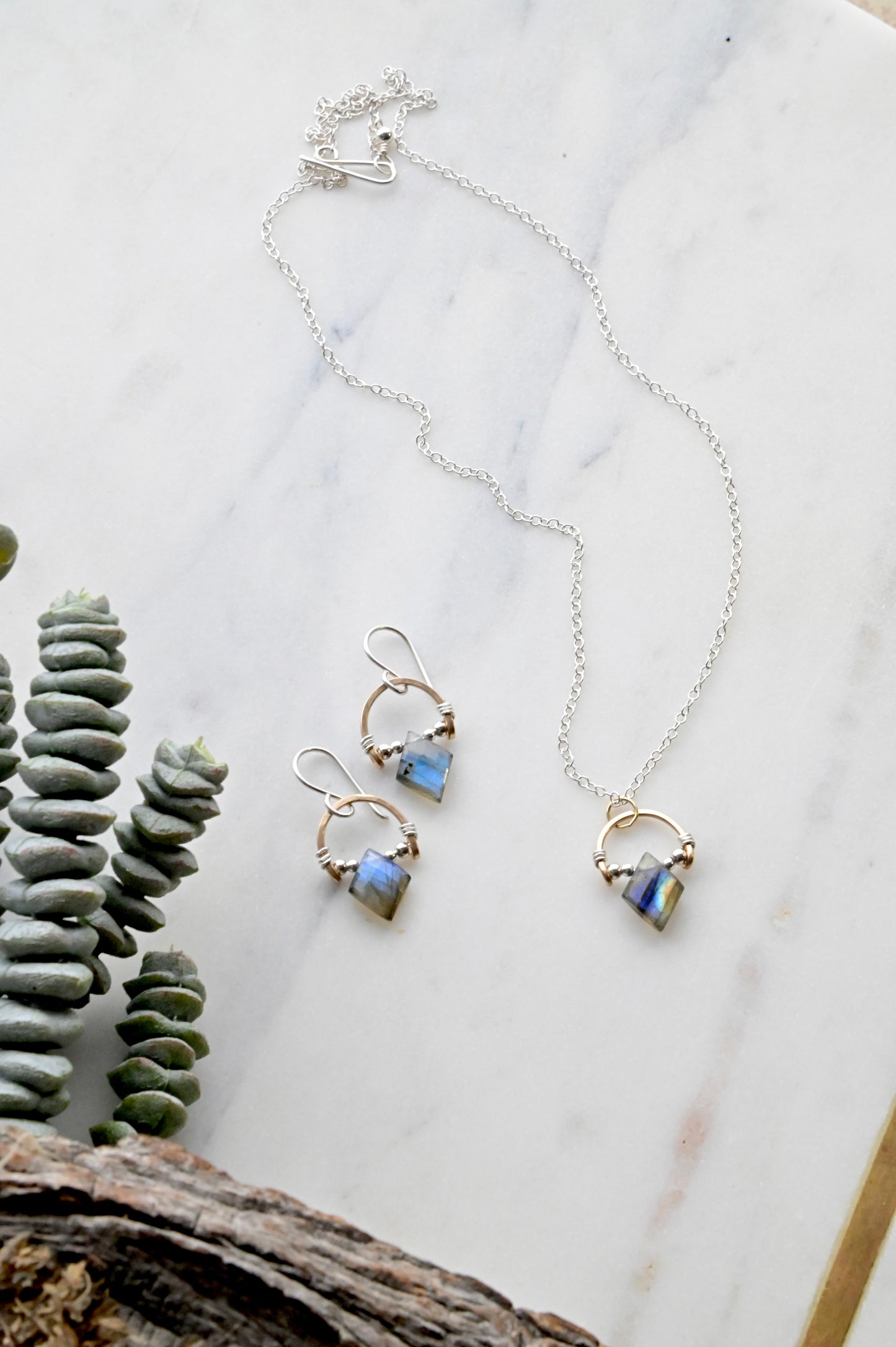 Hammered Hoops: Labradorite + Mixed Metals Necklace and Earrings