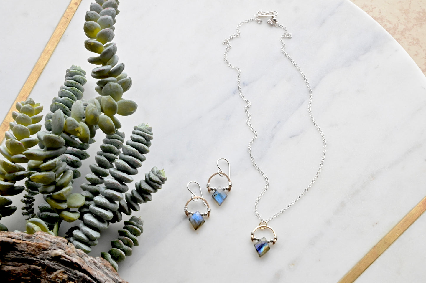 Hammered Hoops: Labradorite + Mixed Metals Necklace and Earrings