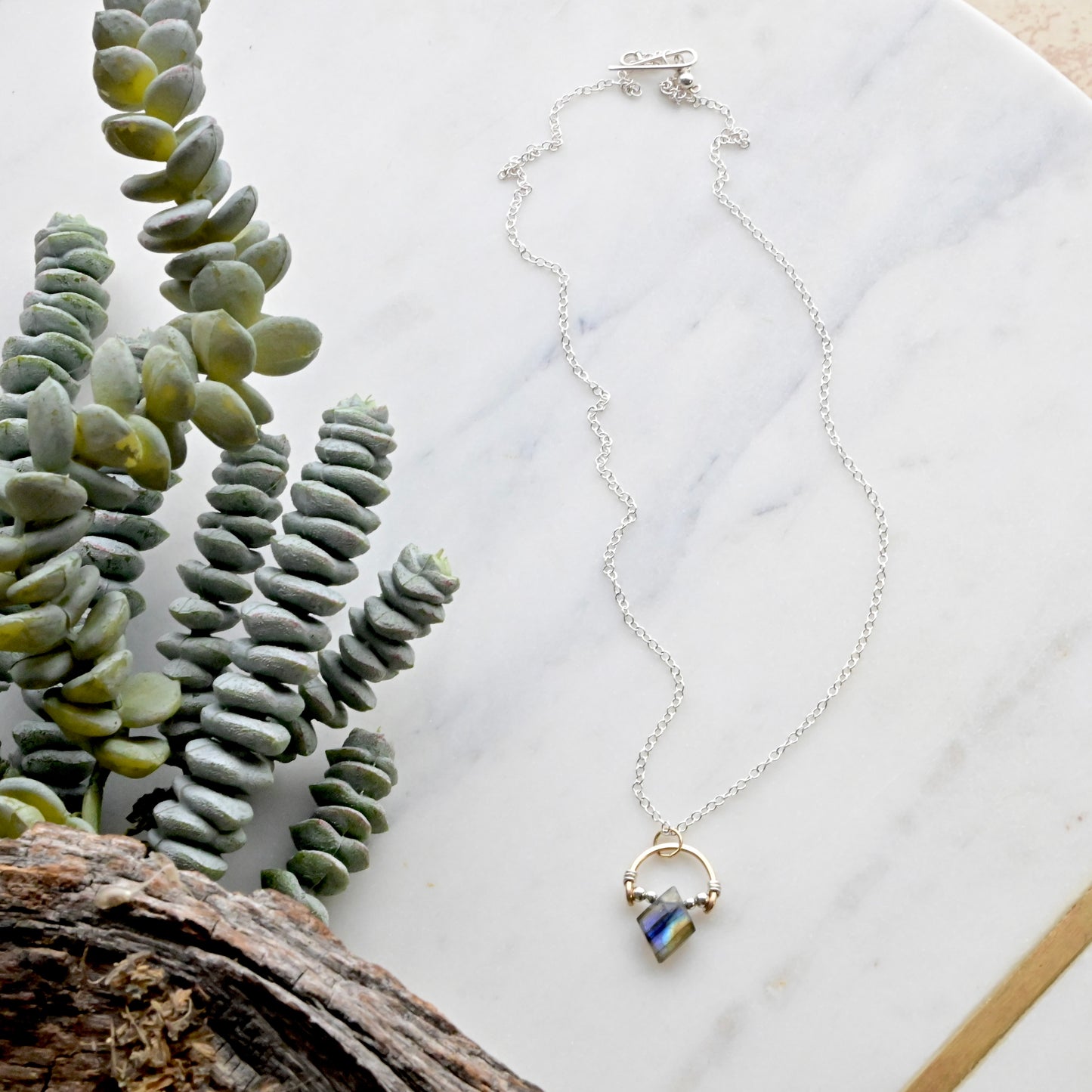 Hammered Hoops: Labradorite + Mixed Metals Necklace and Earrings