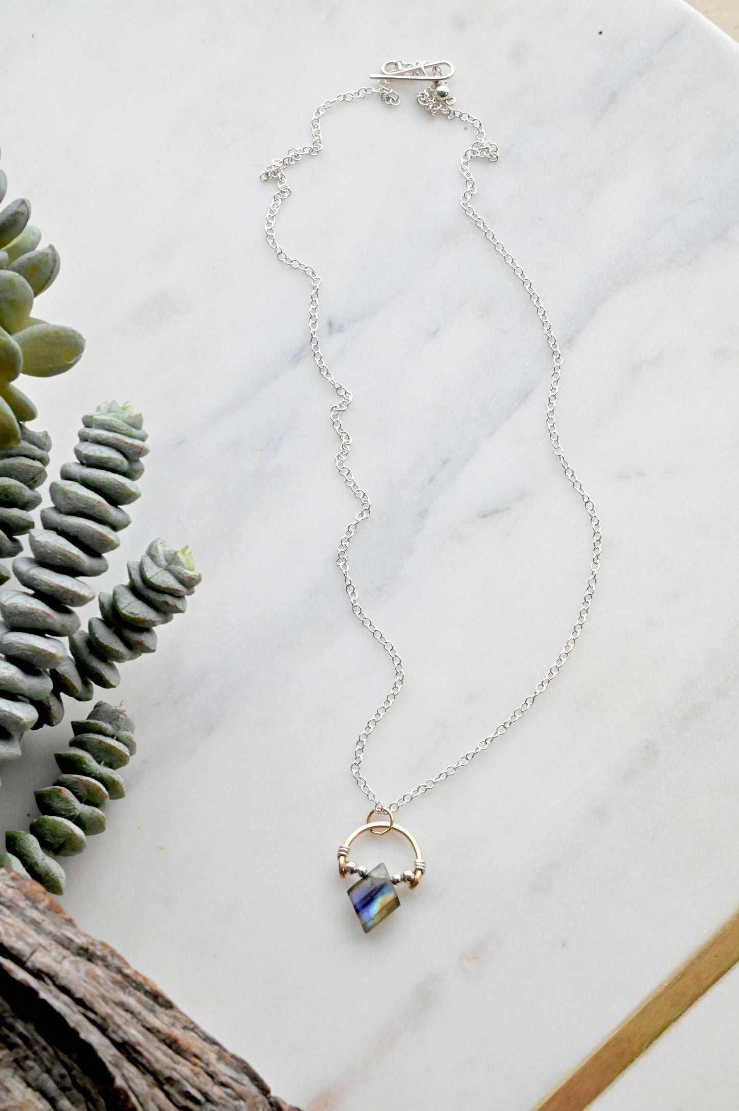 Hammered Hoops: Labradorite + Mixed Metals Necklace and Earrings