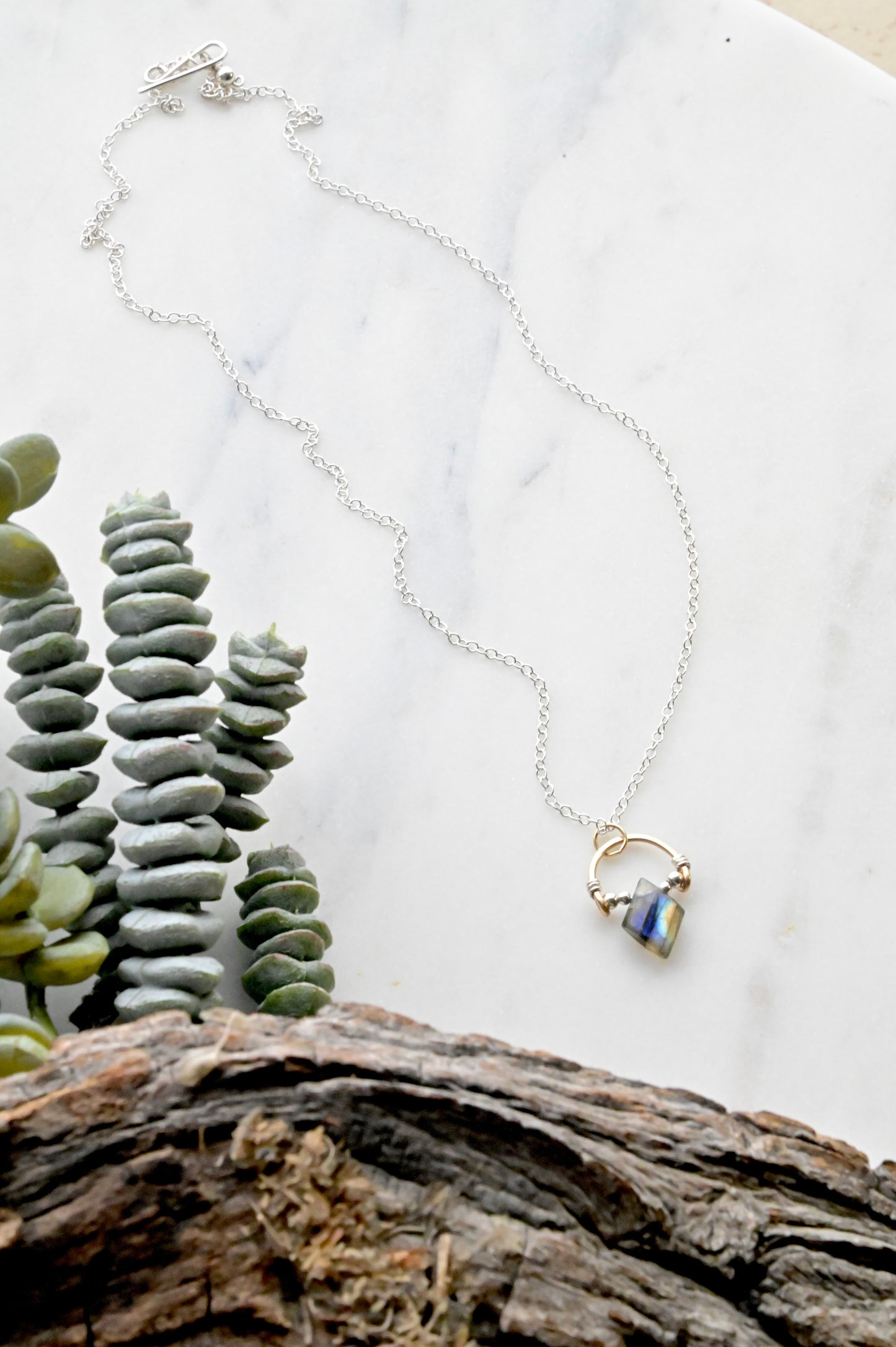 Hammered Hoops: Labradorite + Mixed Metals Necklace and Earrings