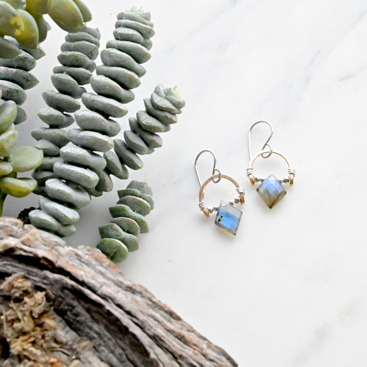 Hammered Hoops: Labradorite + Mixed Metals Earrings