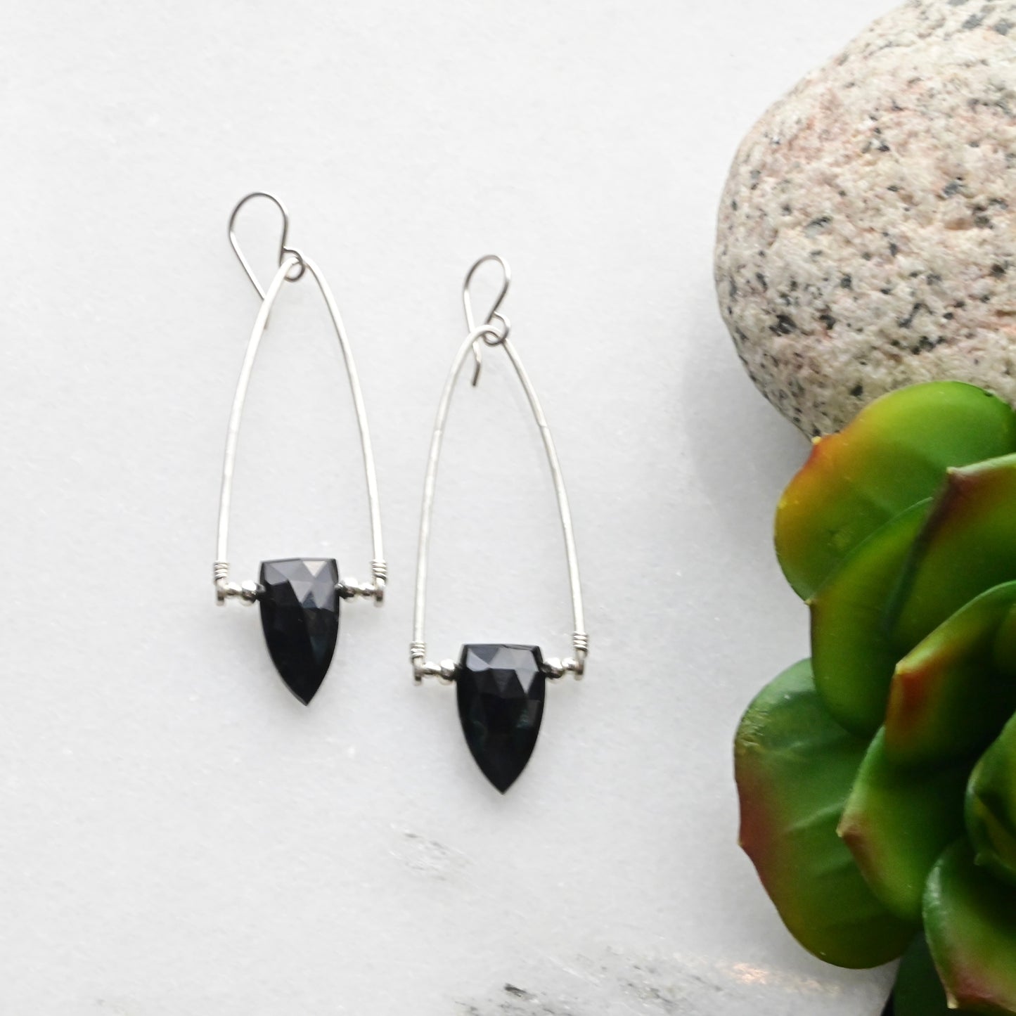 Hammered Hoops: Black Onyx + Silver Earrings